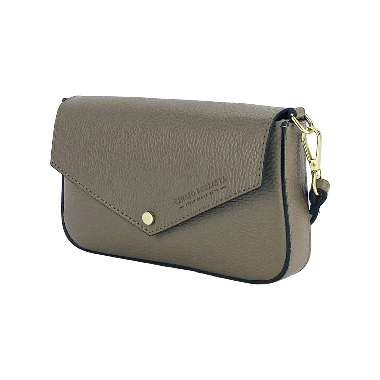 RB1023AQ | Borsa piccola a Spalla con Tracolla a catena removibile in Vera Pelle Made in Italy. Pattina di Chiusura. Accessori in metallo Oro Lucido - Colore Taupe - Dimensioni: cm 22 x 12 x 3-0