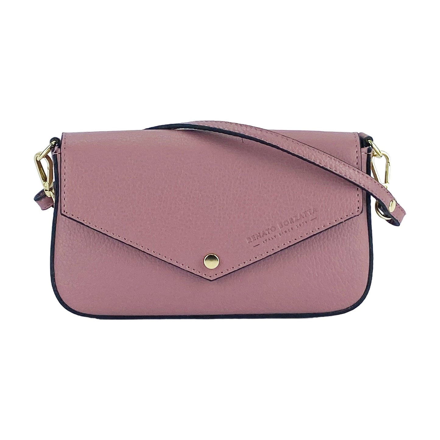 RB1023AZ | Borsa piccola a Spalla con Tracolla a catena removibile in Vera Pelle Made in Italy. Pattina di Chiusura. Accessori in metallo Oro Lucido - Colore Rosa Antico - Dimensioni: cm 22 x 12 x 3-1