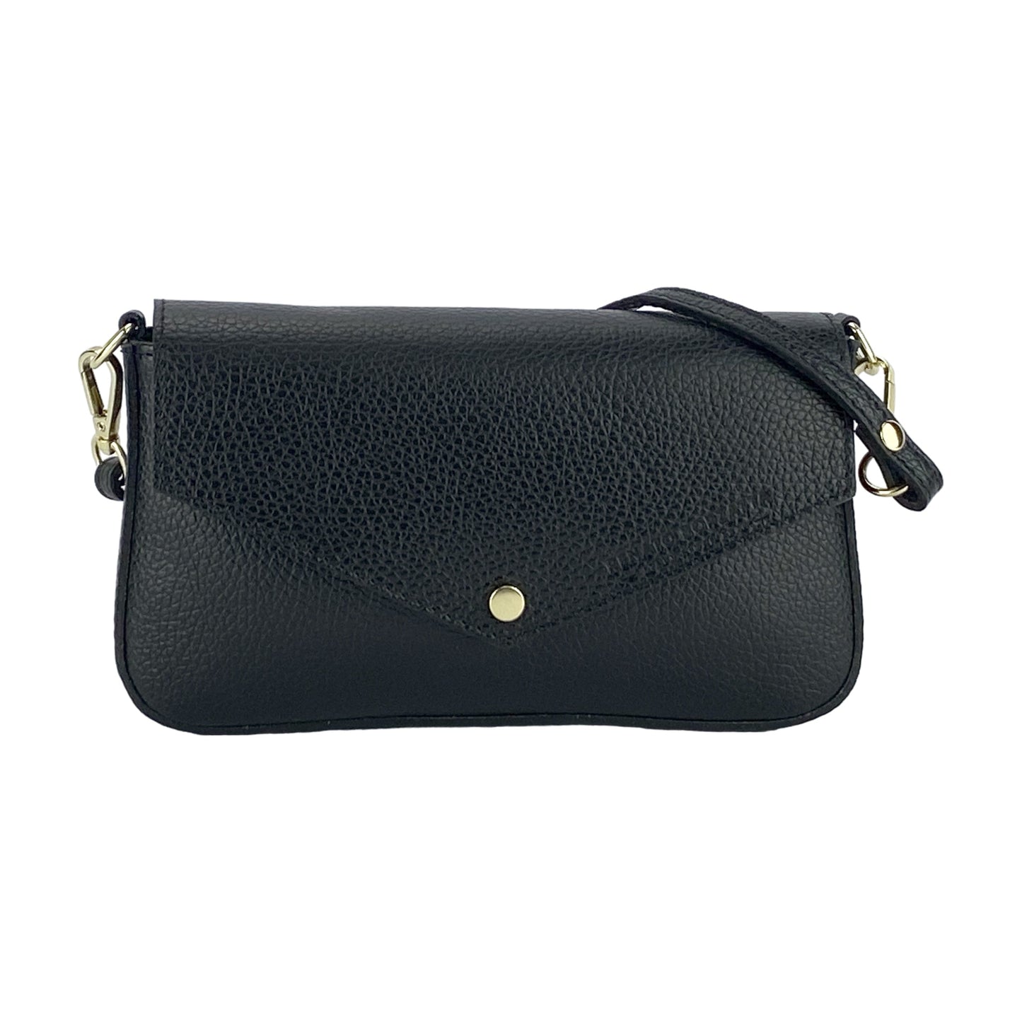 RB1023A | Borsa piccola a Spalla con Tracolla a catena removibile in Vera Pelle Made in Italy. Pattina di Chiusura. Accessori in metallo Oro Lucido - Colore Nero - Dimensioni: cm 22 x 12 x 3-1