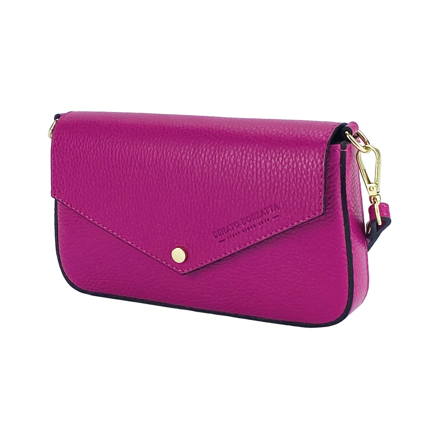 RB1023BE | Borsa piccola a Spalla con Tracolla a catena removibile in Vera Pelle Made in Italy. Pattina di Chiusura. Accessori in metallo Oro Lucido - Colore Fuxia - Dimensioni: cm 22 x 12 x 3-0