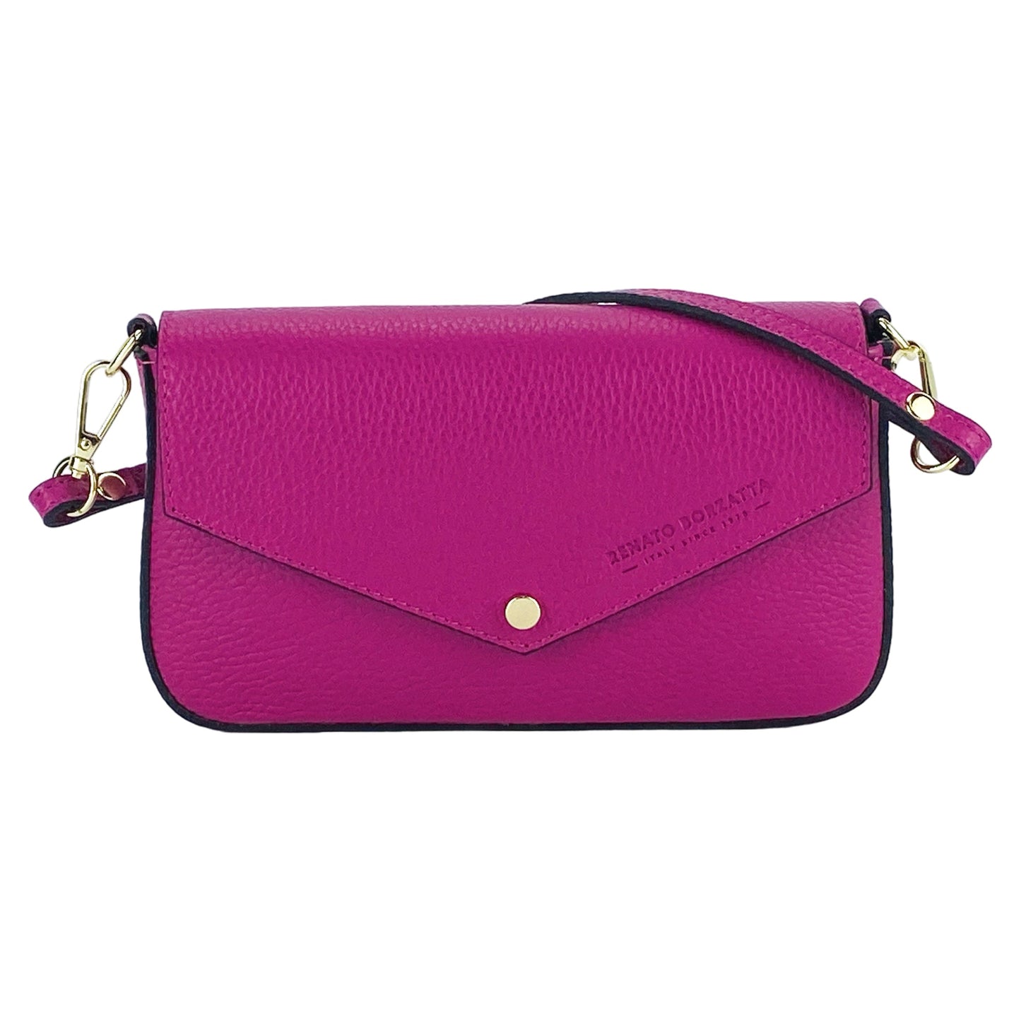 RB1023BE | Borsa piccola a Spalla con Tracolla a catena removibile in Vera Pelle Made in Italy. Pattina di Chiusura. Accessori in metallo Oro Lucido - Colore Fuxia - Dimensioni: cm 22 x 12 x 3-1