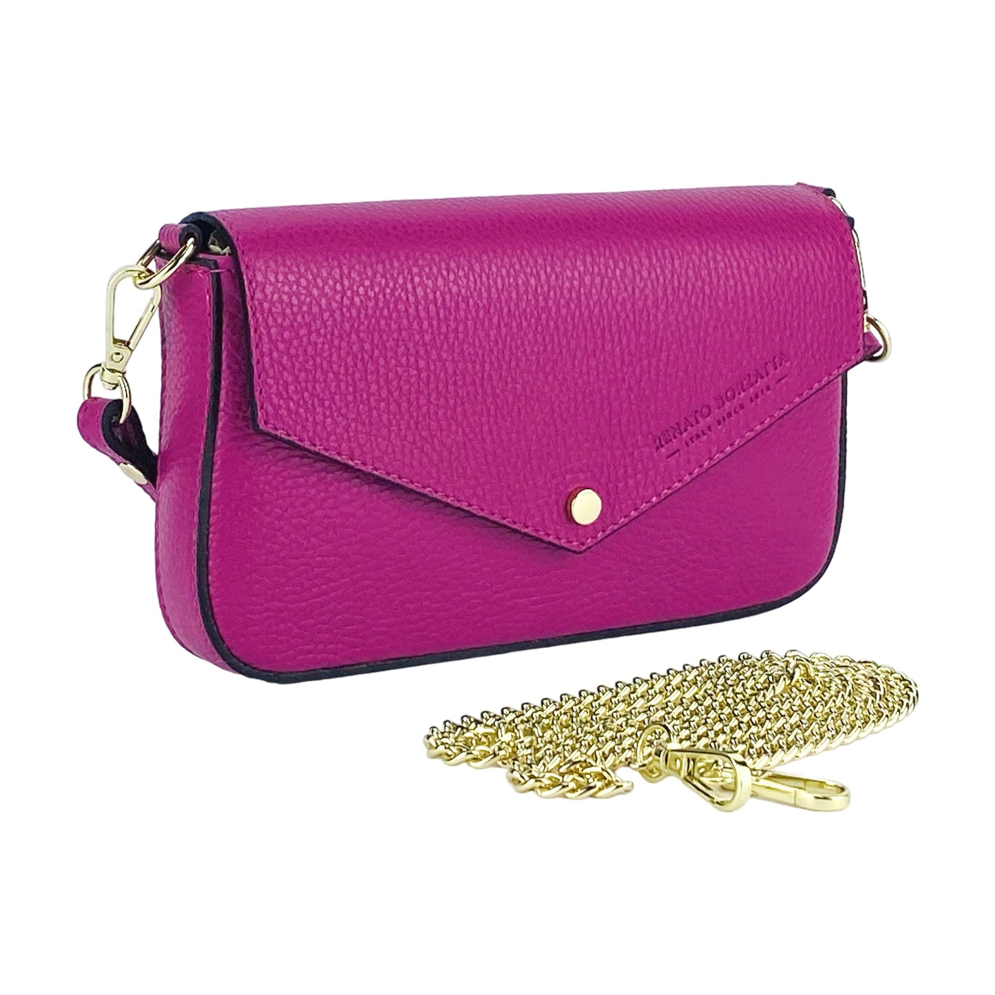 RB1023BE | Borsa piccola a Spalla con Tracolla a catena removibile in Vera Pelle Made in Italy. Pattina di Chiusura. Accessori in metallo Oro Lucido - Colore Fuxia - Dimensioni: cm 22 x 12 x 3-2