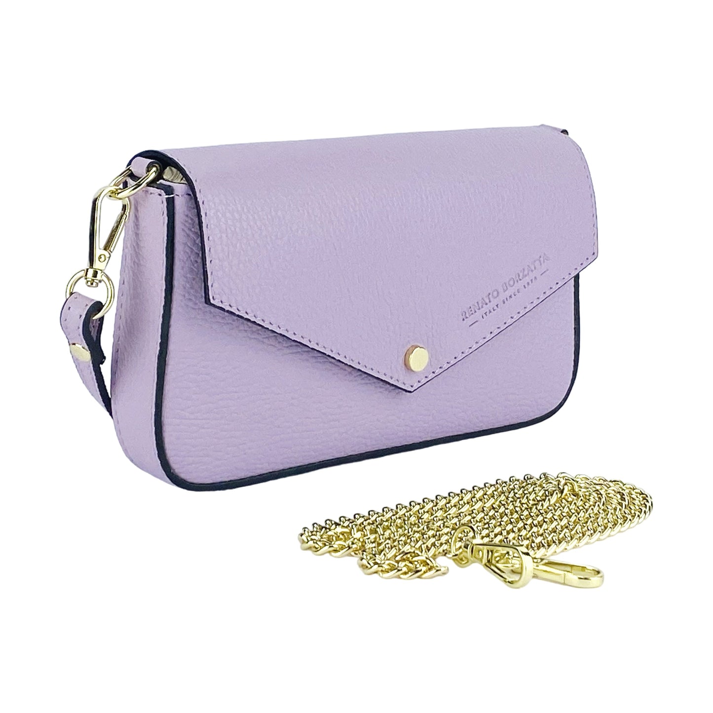 RB1023CI | Small Shoulder Bag with Removable Chain Shoulder Strap in Genuine Leather Made in Italy. Closing flap. Polished Gold metal accessories - Lilac color - Dimensions: 22 x 12 x 3 cm-2