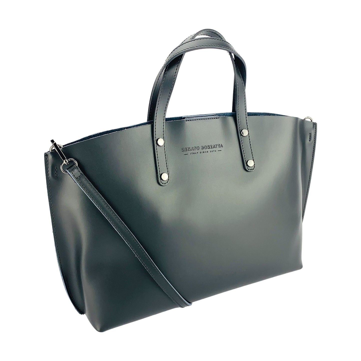 RB1024A  | Borsa Donna a Mano in Vera Pelle Made in Italy con tracolla removibile. Sacca grande interna estraibile. Accessori Canna di Fucile Lucido - Colore Nero - Dimensioni: cm 48x31x11-0