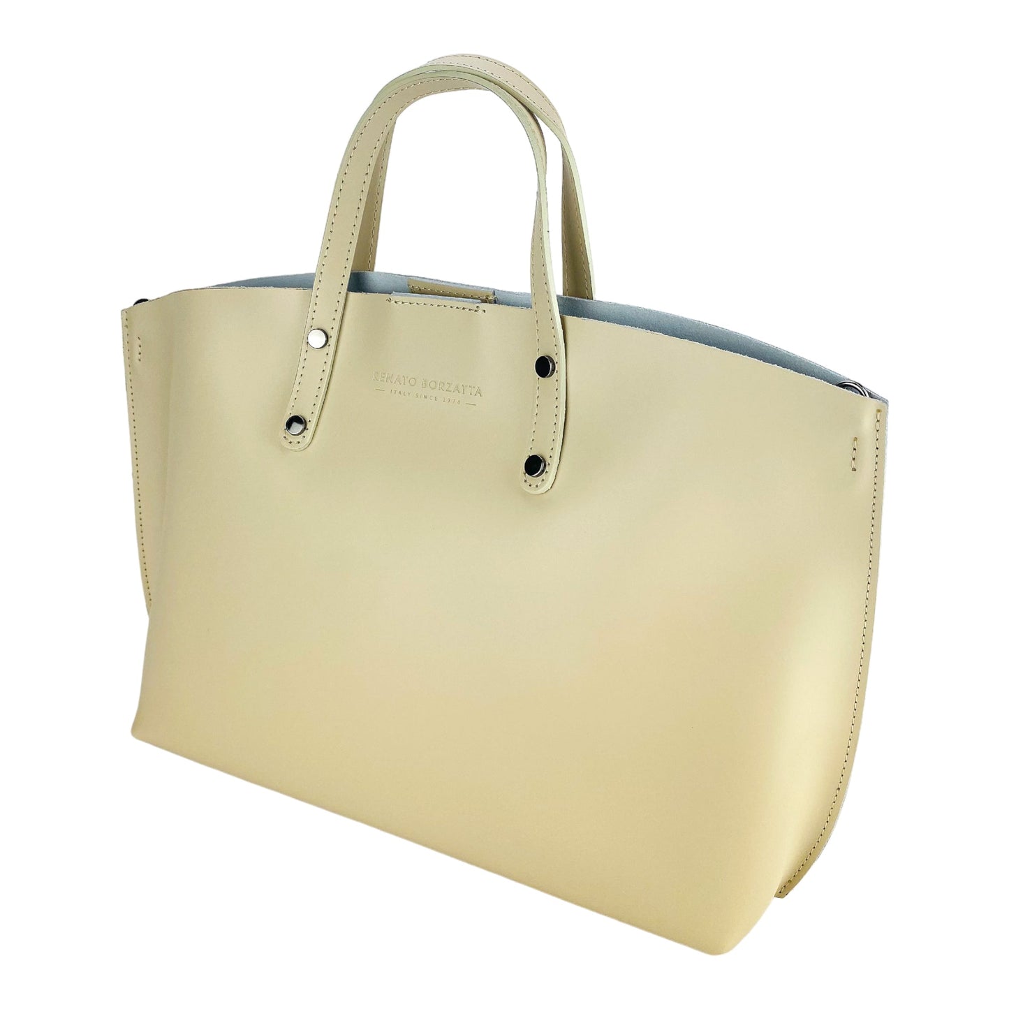 RB1024AL  | Borsa Donna a Mano in Vera Pelle Made in Italy con tracolla removibile. Sacca grande interna estraibile. Accessori Canna di Fucile Lucido - Colore Beige - Dimensioni: cm 48x31x11-2