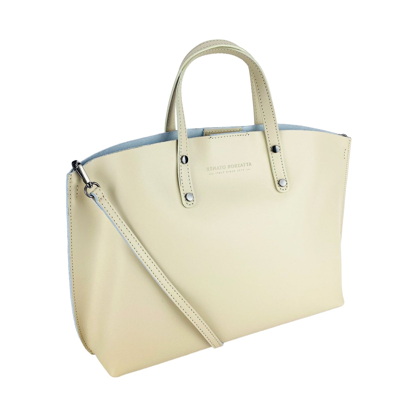 RB1024AL  | Borsa Donna a Mano in Vera Pelle Made in Italy con tracolla removibile. Sacca grande interna estraibile. Accessori Canna di Fucile Lucido - Colore Beige - Dimensioni: cm 48x31x11-0