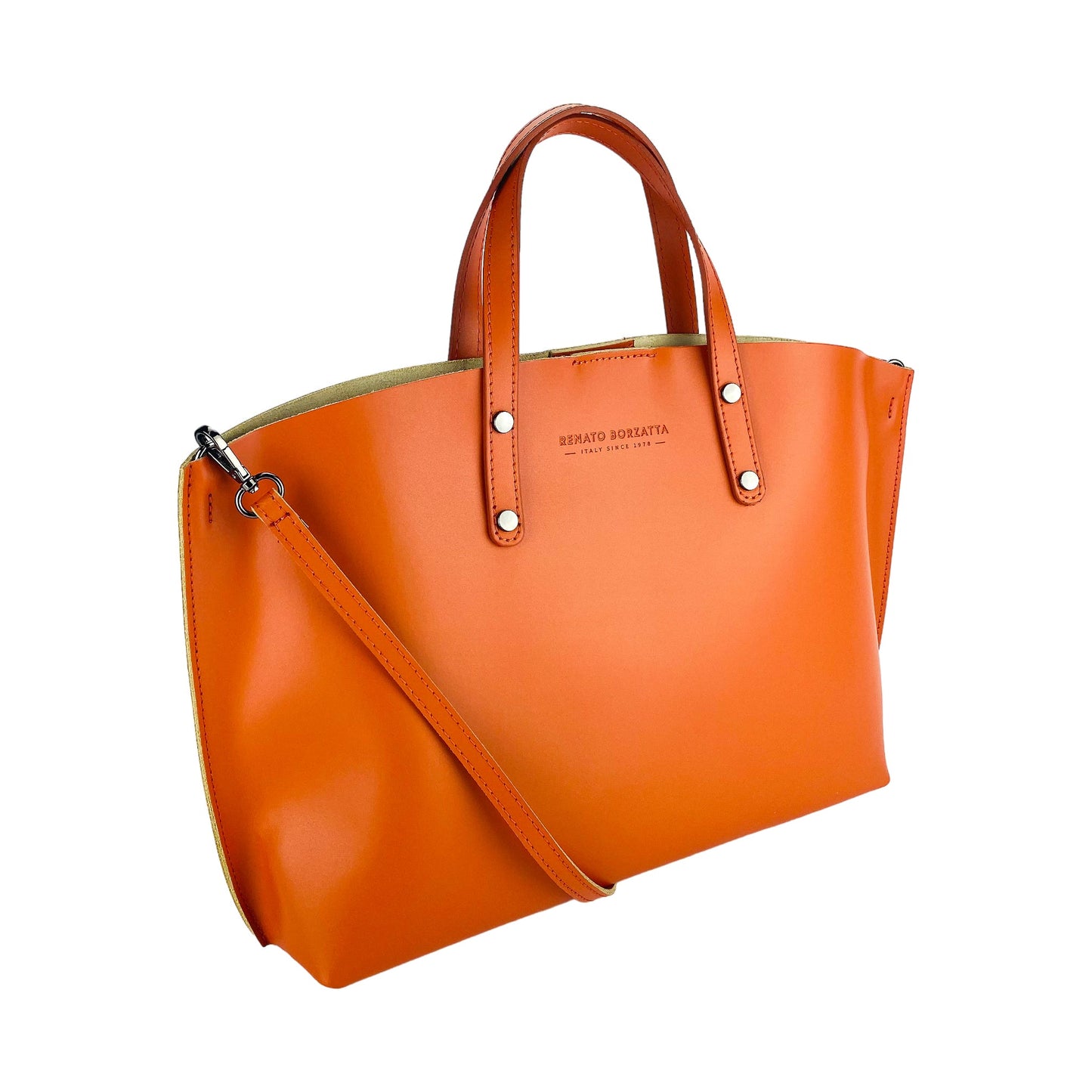 RB1024AM  | Borsa Donna a Mano in Vera Pelle Made in Italy con tracolla removibile. Sacca grande interna estraibile. Accessori Canna di Fucile Lucido - Colore Paprika - Dimensioni: cm 48x31x11-0