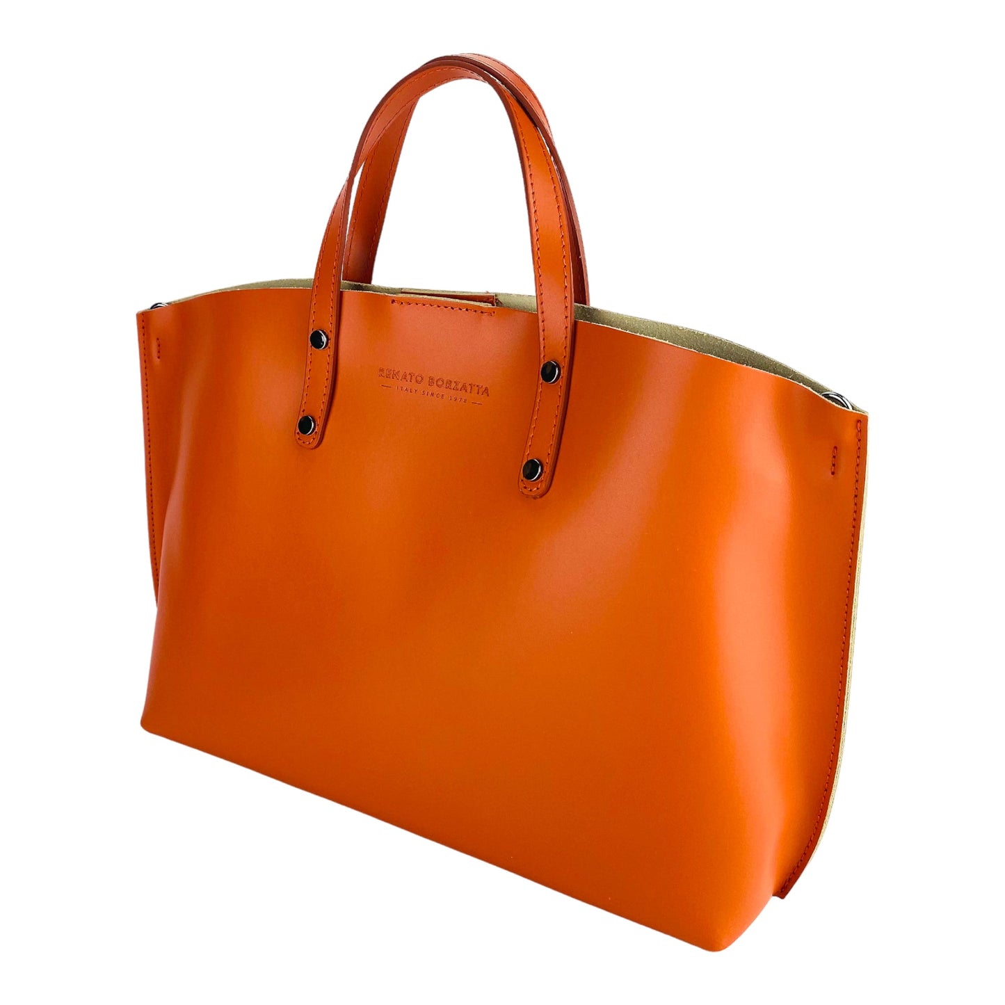 RB1024AM  | Borsa Donna a Mano in Vera Pelle Made in Italy con tracolla removibile. Sacca grande interna estraibile. Accessori Canna di Fucile Lucido - Colore Paprika - Dimensioni: cm 48x31x11-2