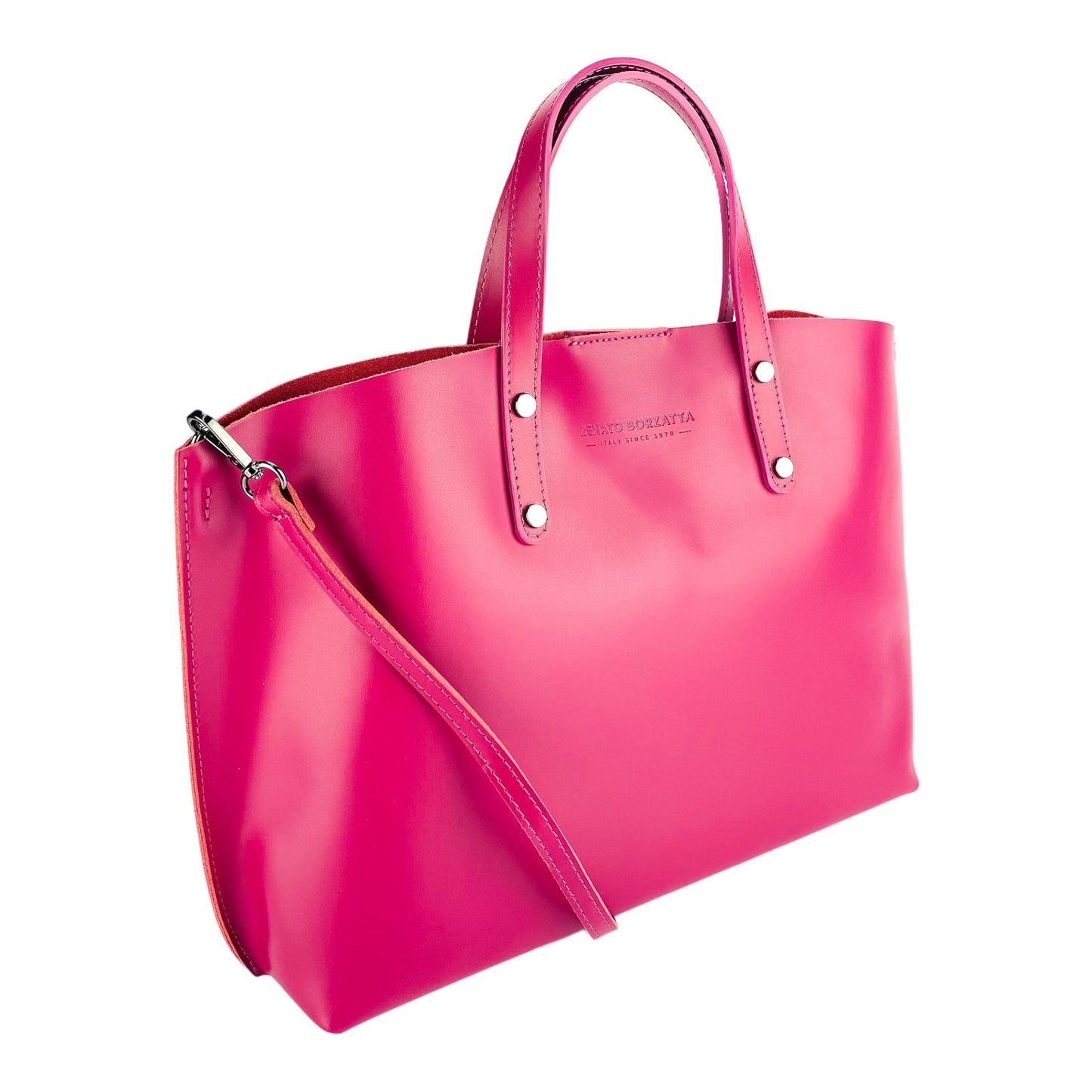 RB1024BE  | Borsa Donna a Mano in Vera Pelle Made in Italy con tracolla removibile. Sacca grande interna estraibile. Accessori Canna di Fucile Lucido - Colore Fuxia - Dimensioni: cm 48x31x11-0