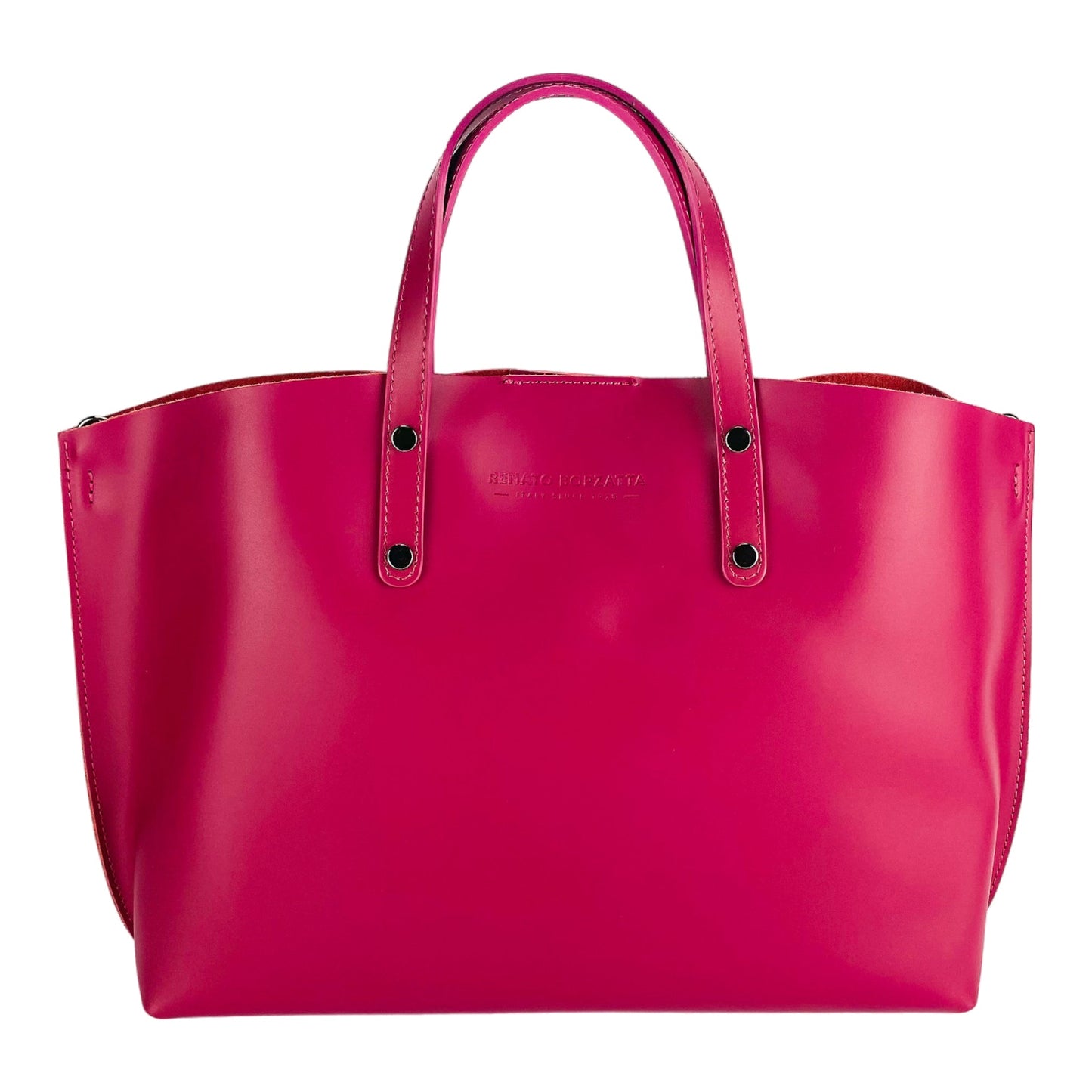 RB1024BE  | Borsa Donna a Mano in Vera Pelle Made in Italy con tracolla removibile. Sacca grande interna estraibile. Accessori Canna di Fucile Lucido - Colore Fuxia - Dimensioni: cm 48x31x11-1