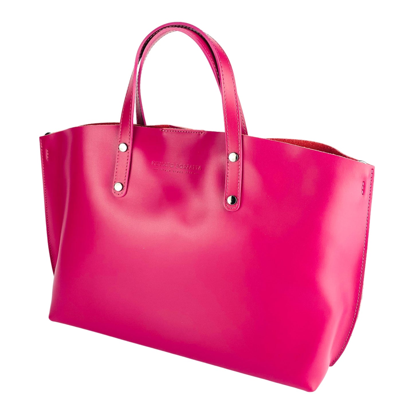 RB1024BE  | Borsa Donna a Mano in Vera Pelle Made in Italy con tracolla removibile. Sacca grande interna estraibile. Accessori Canna di Fucile Lucido - Colore Fuxia - Dimensioni: cm 48x31x11-2