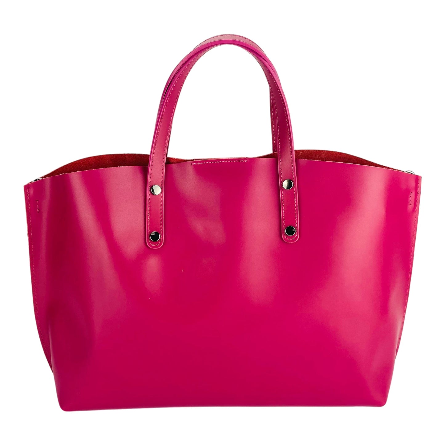 RB1024BE  | Borsa Donna a Mano in Vera Pelle Made in Italy con tracolla removibile. Sacca grande interna estraibile. Accessori Canna di Fucile Lucido - Colore Fuxia - Dimensioni: cm 48x31x11-4