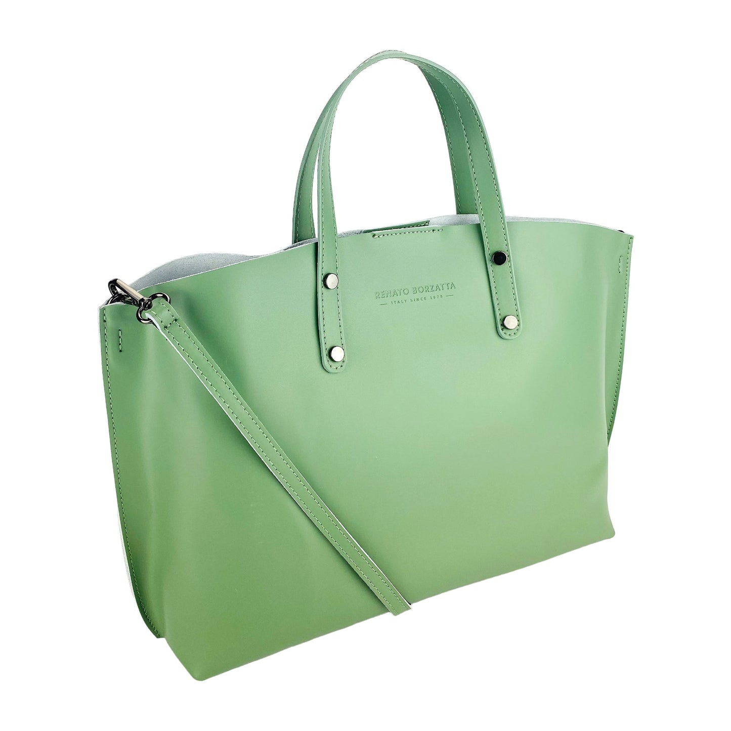 RB1024BF  | Borsa Donna a Mano in Vera Pelle Made in Italy con tracolla removibile. Sacca grande interna estraibile. Accessori Canna di Fucile Lucido - Colore Menta - Dimensioni: cm 48x31x11-0