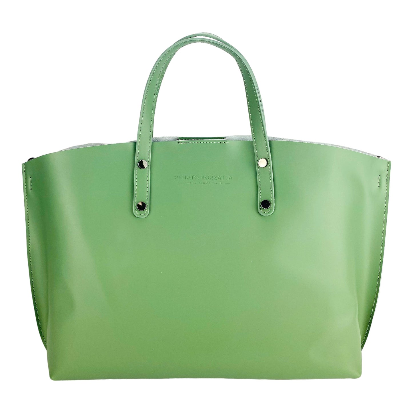 RB1024BF  | Borsa Donna a Mano in Vera Pelle Made in Italy con tracolla removibile. Sacca grande interna estraibile. Accessori Canna di Fucile Lucido - Colore Menta - Dimensioni: cm 48x31x11-1