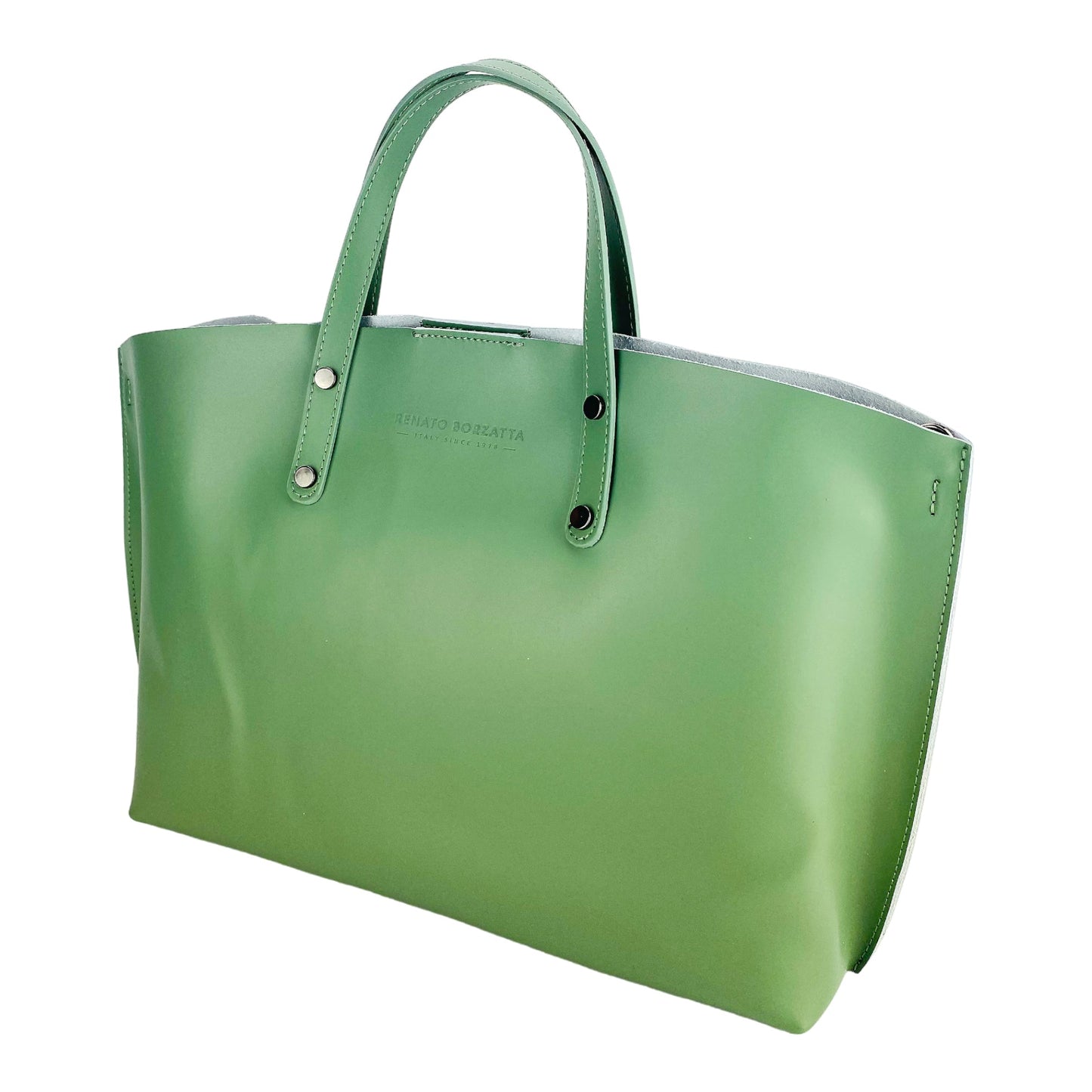 RB1024BF  | Borsa Donna a Mano in Vera Pelle Made in Italy con tracolla removibile. Sacca grande interna estraibile. Accessori Canna di Fucile Lucido - Colore Menta - Dimensioni: cm 48x31x11-2