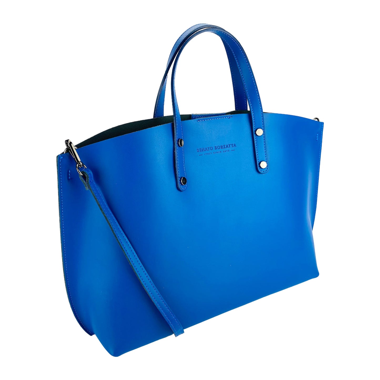 RB1024CH  | Borsa Donna a Mano in Vera Pelle Made in Italy con tracolla removibile. Sacca grande interna estraibile. Accessori Canna di Fucile Lucido - Colore Blu Royal - Dimensioni: cm 48x31x11-0