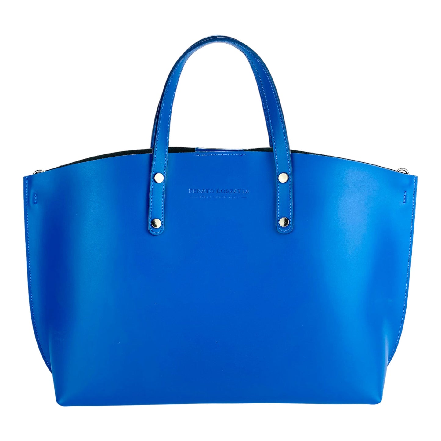 RB1024CH  | Borsa Donna a Mano in Vera Pelle Made in Italy con tracolla removibile. Sacca grande interna estraibile. Accessori Canna di Fucile Lucido - Colore Blu Royal - Dimensioni: cm 48x31x11-1