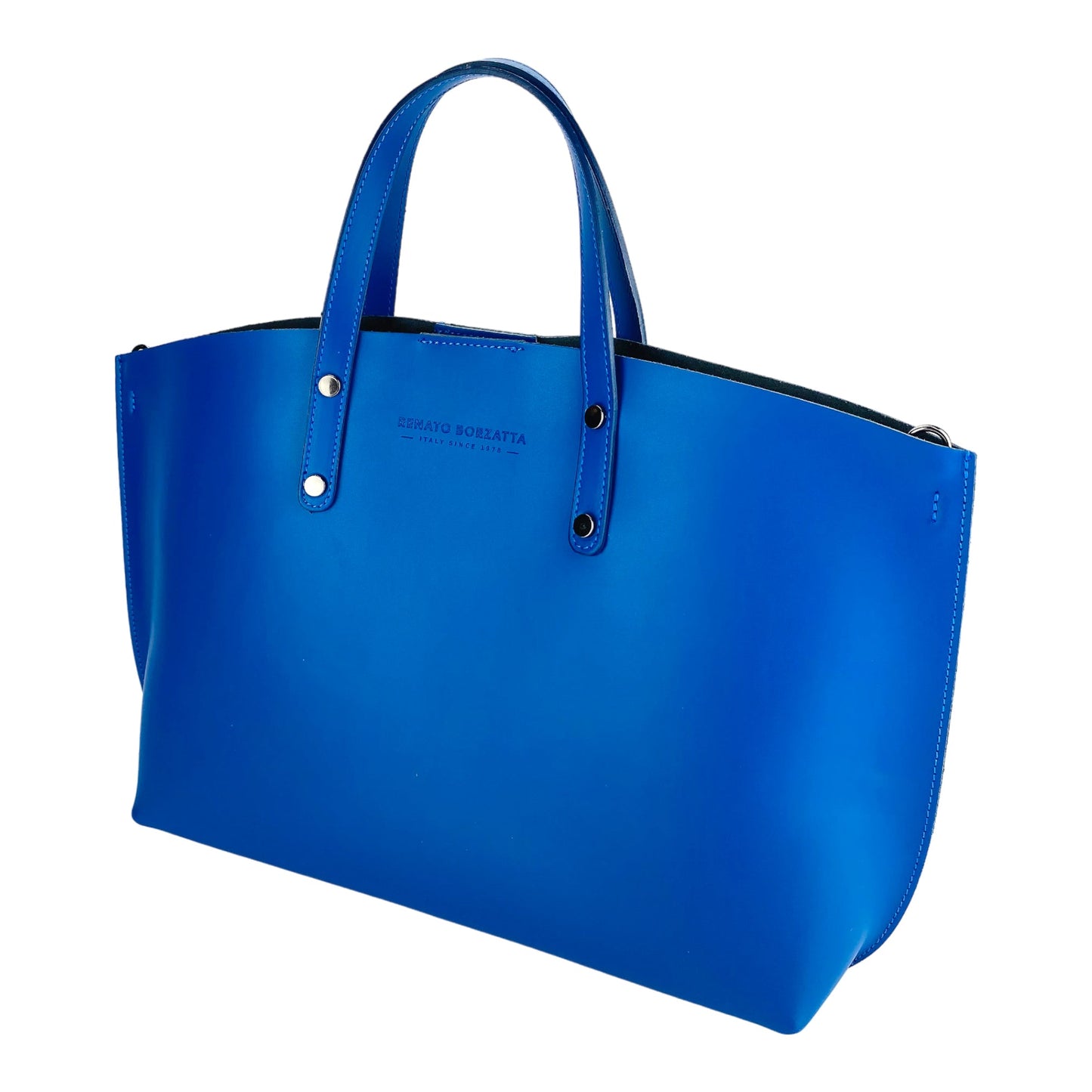 RB1024CH  | Borsa Donna a Mano in Vera Pelle Made in Italy con tracolla removibile. Sacca grande interna estraibile. Accessori Canna di Fucile Lucido - Colore Blu Royal - Dimensioni: cm 48x31x11-2