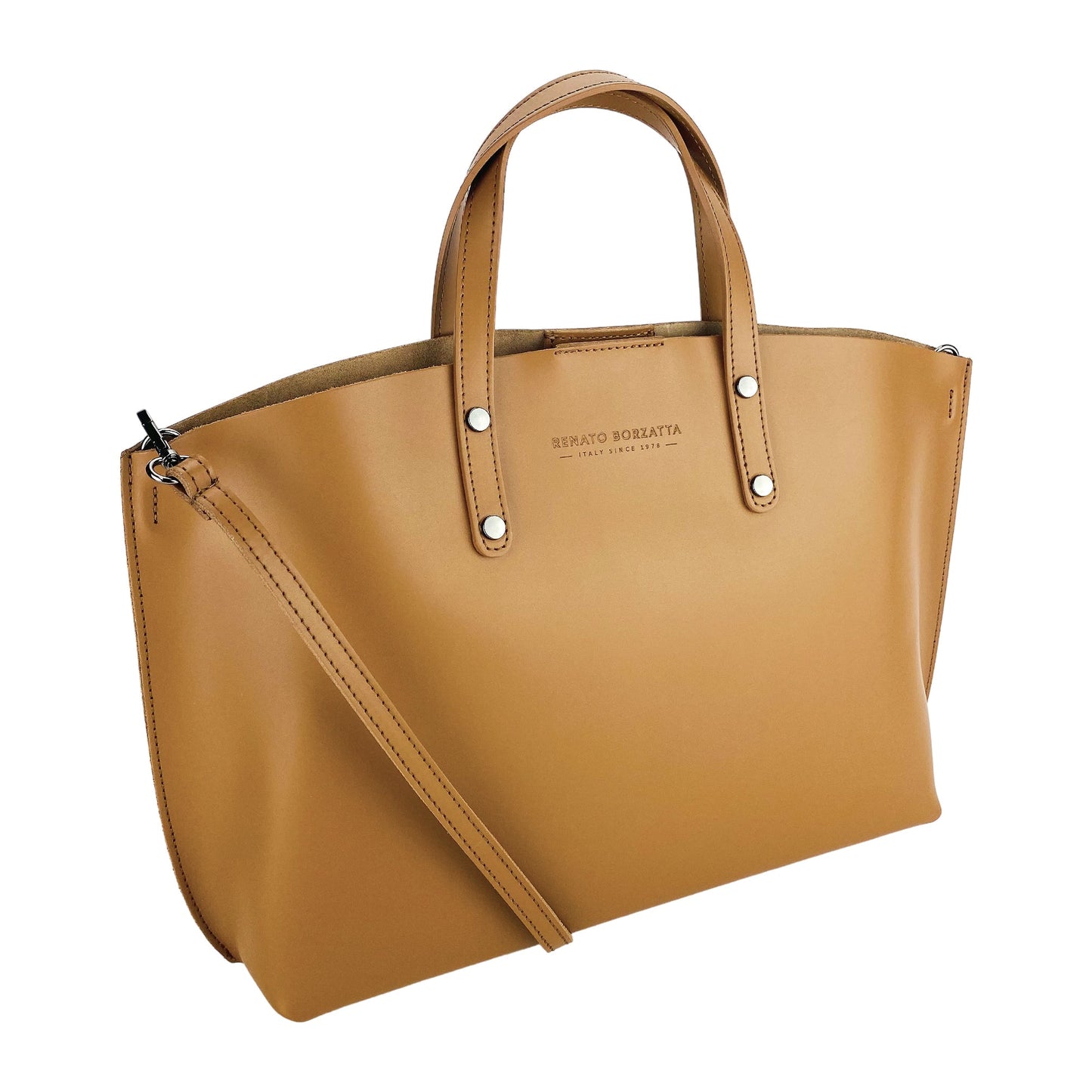 RB1024S  | Borsa Donna a Mano in Vera Pelle Made in Italy con tracolla removibile. Sacca grande interna estraibile. Accessori Canna di Fucile Lucido - Colore Cognac - Dimensioni: cm 48x31x11-0