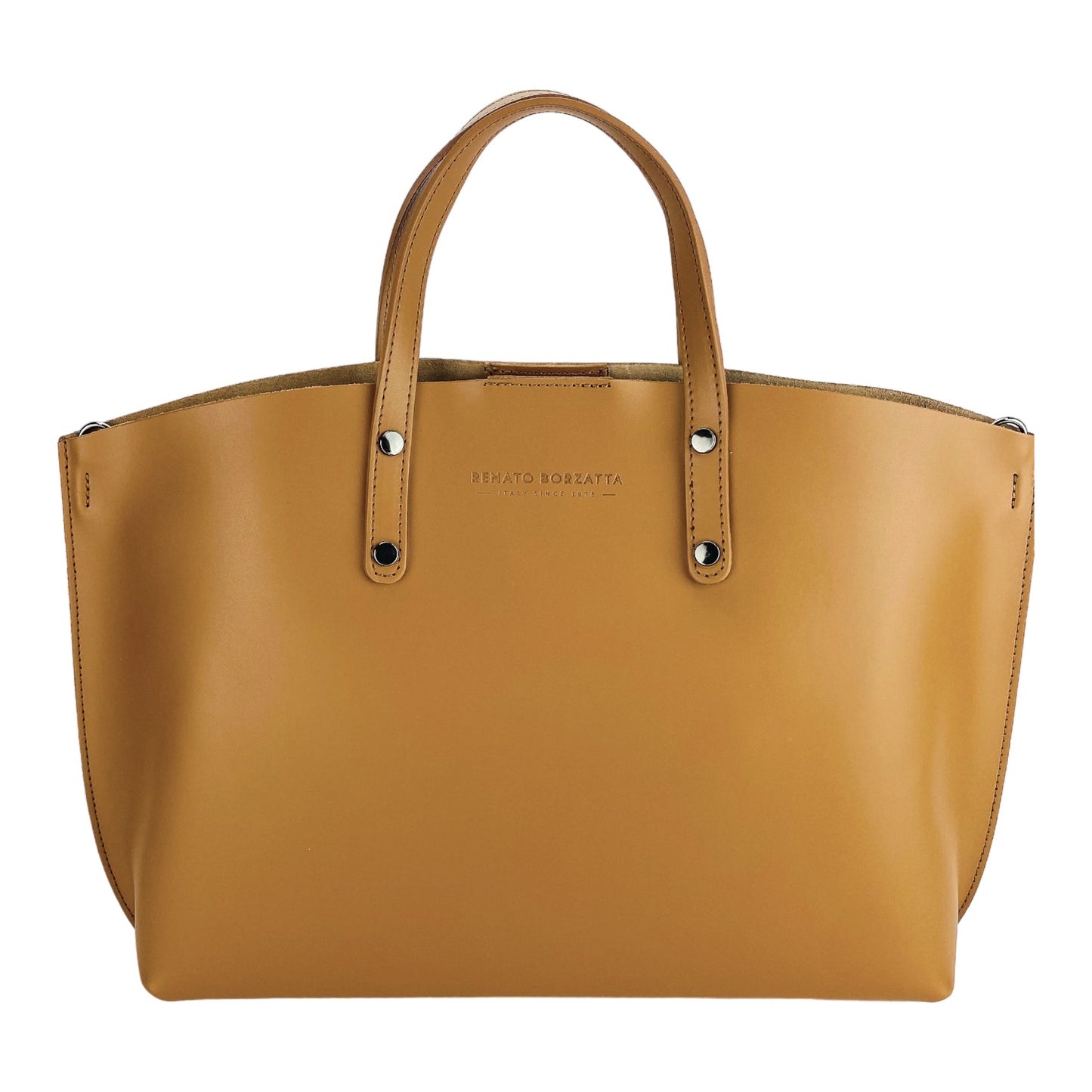 RB1024S  | Borsa Donna a Mano in Vera Pelle Made in Italy con tracolla removibile. Sacca grande interna estraibile. Accessori Canna di Fucile Lucido - Colore Cognac - Dimensioni: cm 48x31x11-1