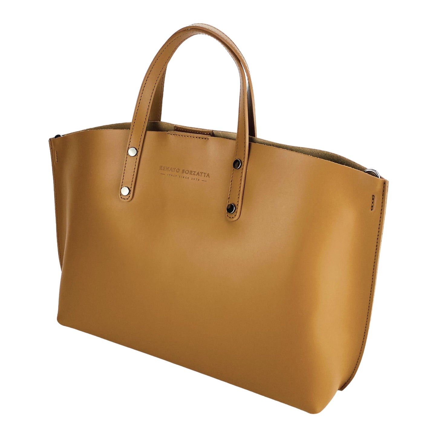 RB1024S  | Borsa Donna a Mano in Vera Pelle Made in Italy con tracolla removibile. Sacca grande interna estraibile. Accessori Canna di Fucile Lucido - Colore Cognac - Dimensioni: cm 48x31x11-2