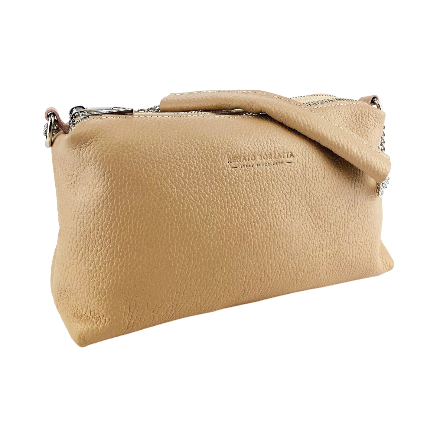 RB1025AU  | Borsa Donna a Mano con doppia lampo in Vera Pelle Made in Italy. Tracolla in pelle regolabile. Accessori Nickel Lucido - Colore Cipria - Dimensioni: cm 26 x 14 x 9-1