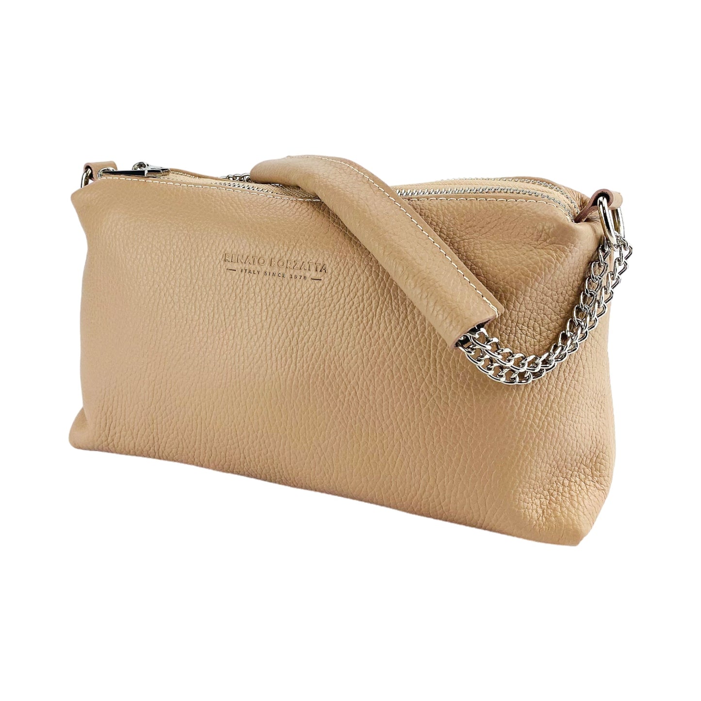 RB1025AU  | Borsa Donna a Mano con doppia lampo in Vera Pelle Made in Italy. Tracolla in pelle regolabile. Accessori Nickel Lucido - Colore Cipria - Dimensioni: cm 26 x 14 x 9-2