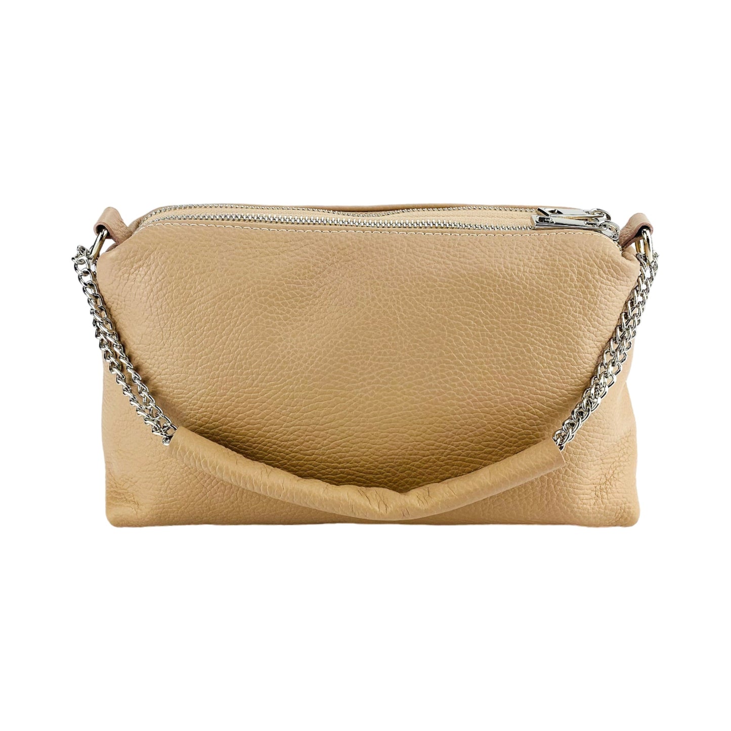 RB1025AU  | Borsa Donna a Mano con doppia lampo in Vera Pelle Made in Italy. Tracolla in pelle regolabile. Accessori Nickel Lucido - Colore Cipria - Dimensioni: cm 26 x 14 x 9-4