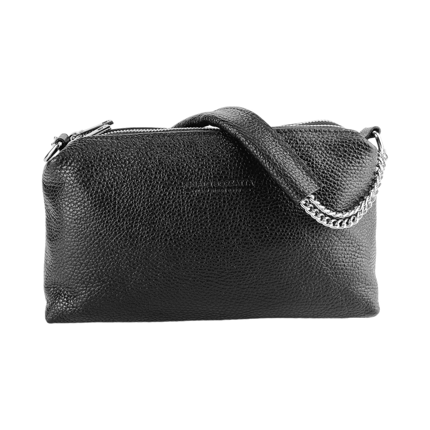 RB1025A  | Borsa Donna a Mano con doppia lampo in Vera Pelle Made in Italy. Tracolla in pelle regolabile. Accessori Nickel Lucido - Colore Nero - Dimensioni: cm 26 x 14 x 9-2