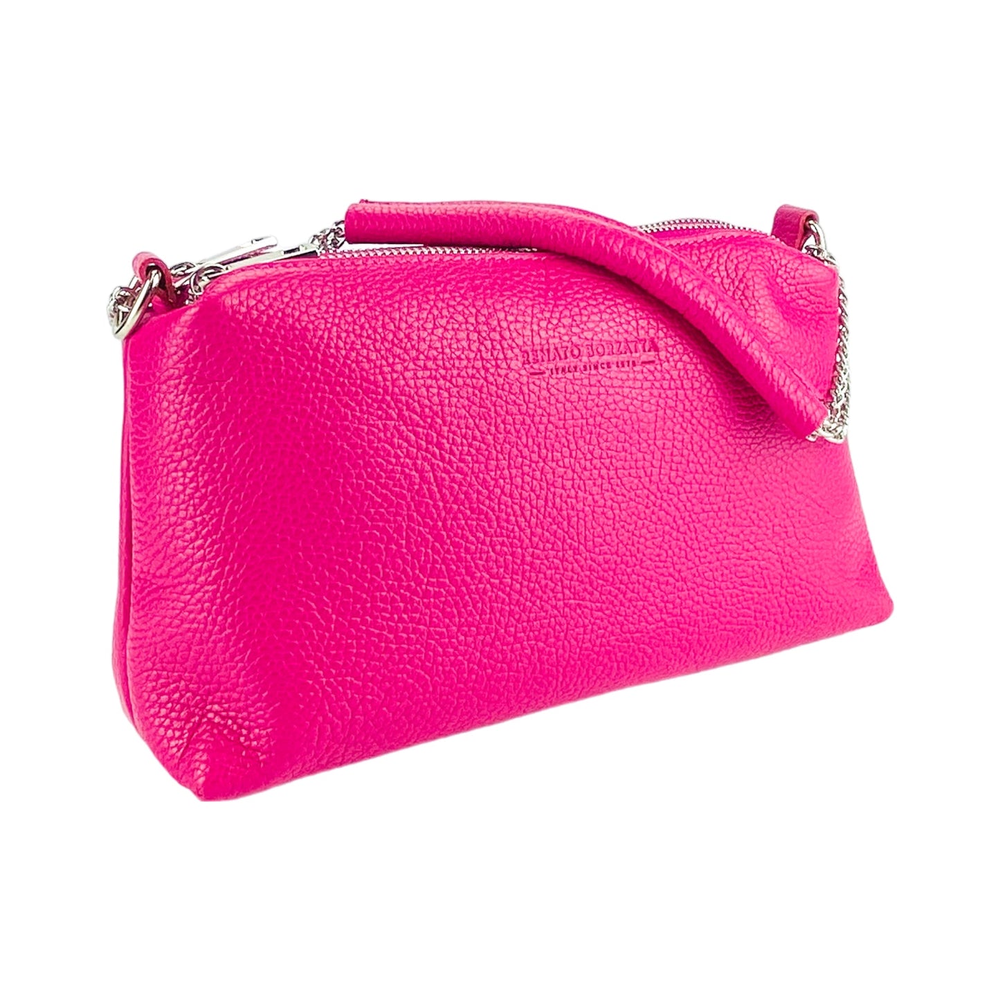 RB1025BE | Women's handbag with double zip in Genuine Leather Made in Italy. Adjustable leather shoulder strap. Polished Nickel Accessories - Fuchsia color - Dimensions: 26 x 14 x 9 cm-1