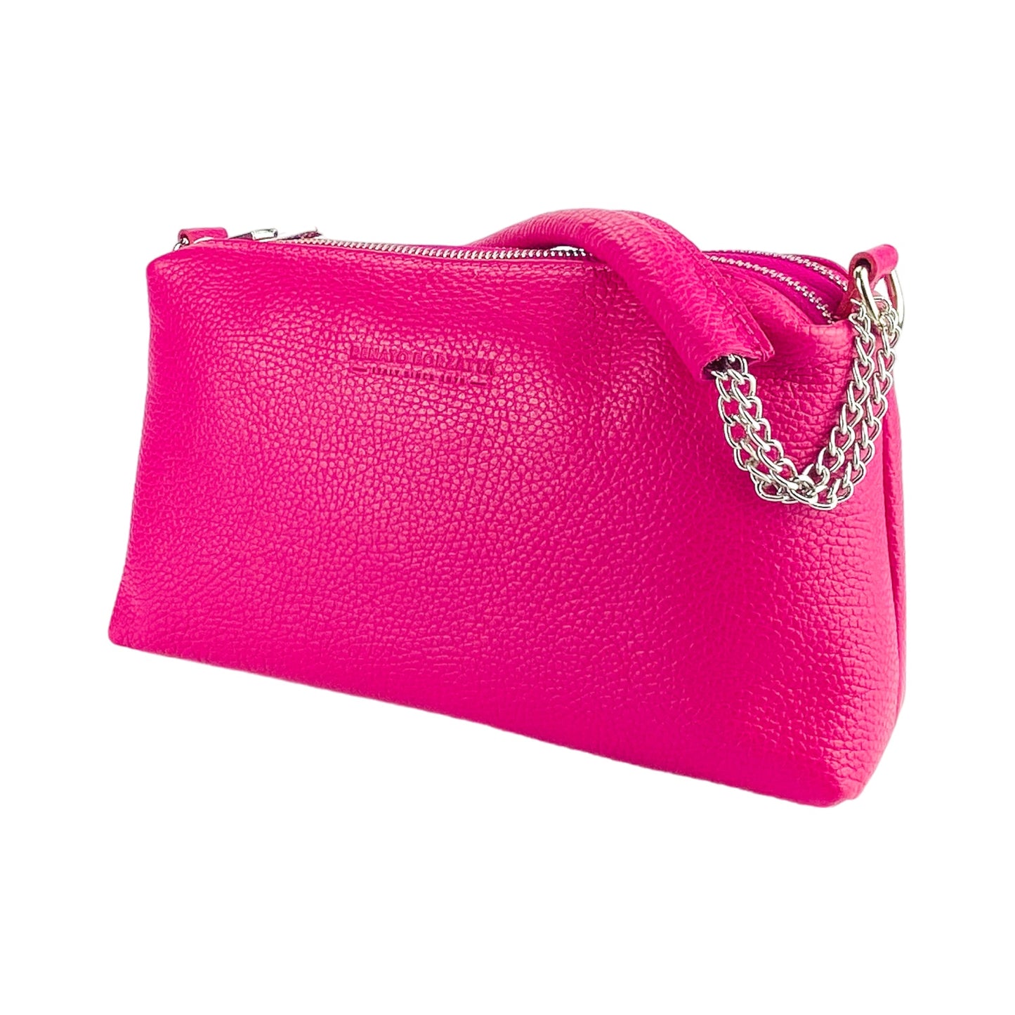 RB1025BE  | Borsa Donna a Mano con doppia lampo in Vera Pelle Made in Italy. Tracolla in pelle regolabile. Accessori Nickel Lucido - Colore Fuxia - Dimensioni: cm 26 x 14 x 9-2