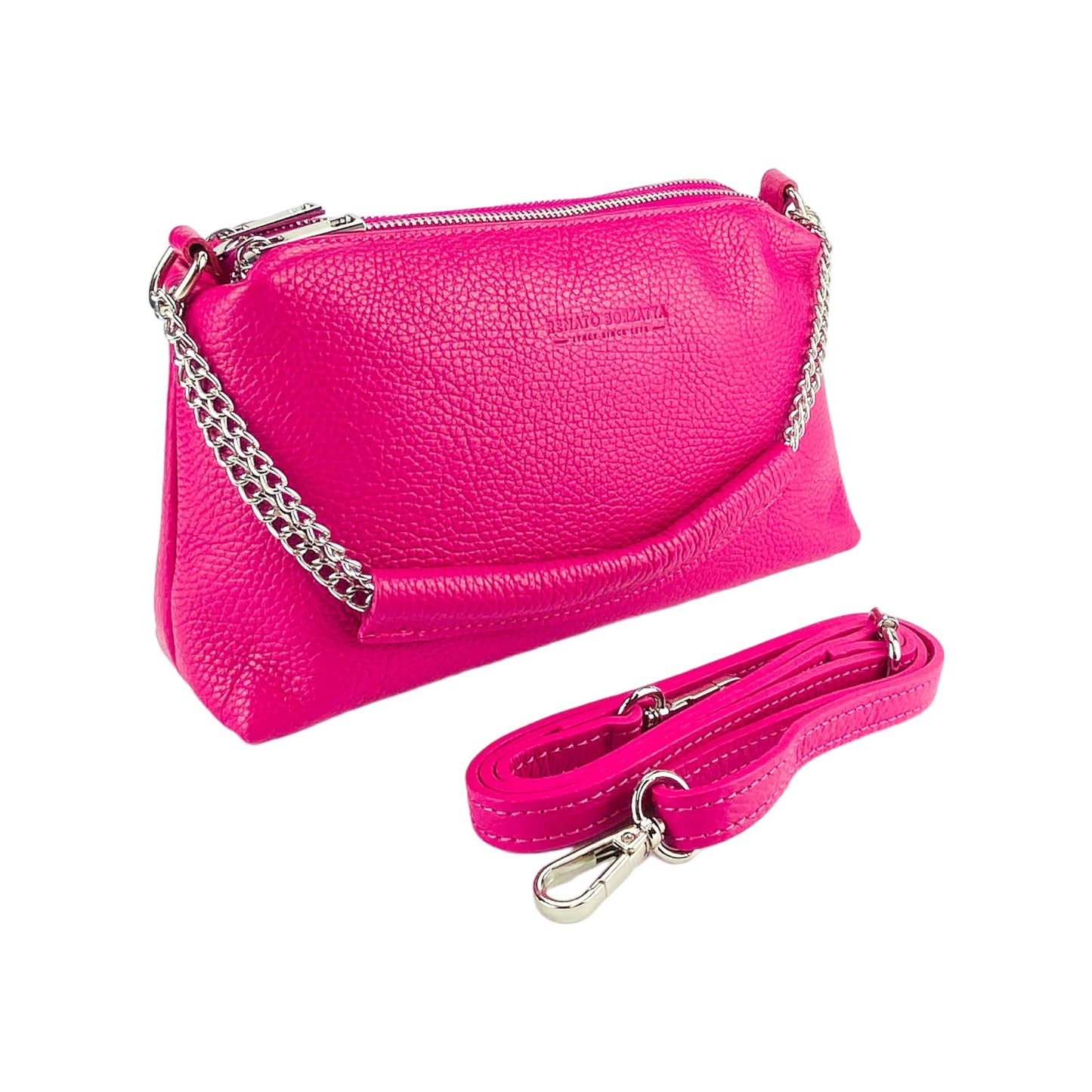 RB1025BE  | Borsa Donna a Mano con doppia lampo in Vera Pelle Made in Italy. Tracolla in pelle regolabile. Accessori Nickel Lucido - Colore Fuxia - Dimensioni: cm 26 x 14 x 9-0