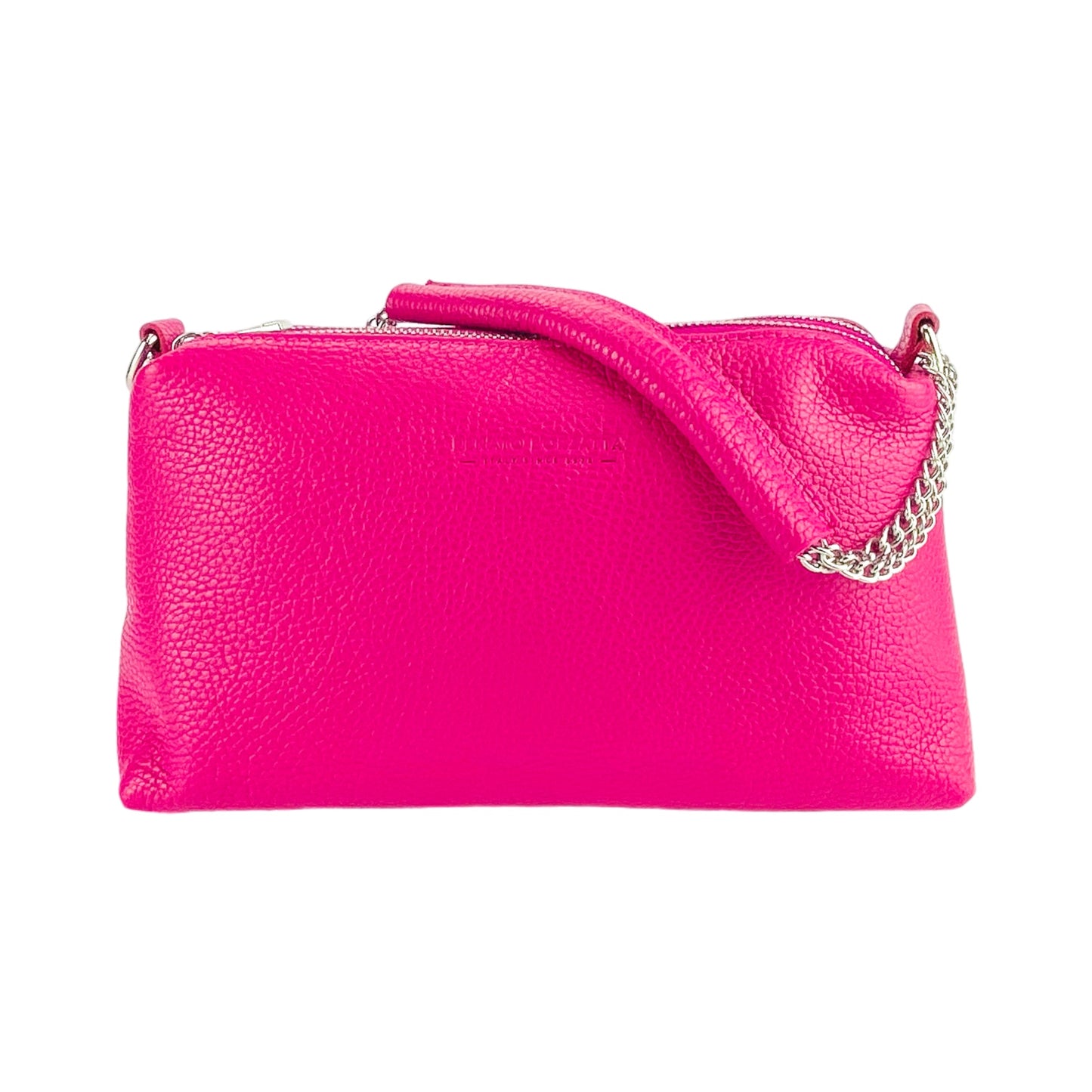 RB1025BE  | Borsa Donna a Mano con doppia lampo in Vera Pelle Made in Italy. Tracolla in pelle regolabile. Accessori Nickel Lucido - Colore Fuxia - Dimensioni: cm 26 x 14 x 9-3