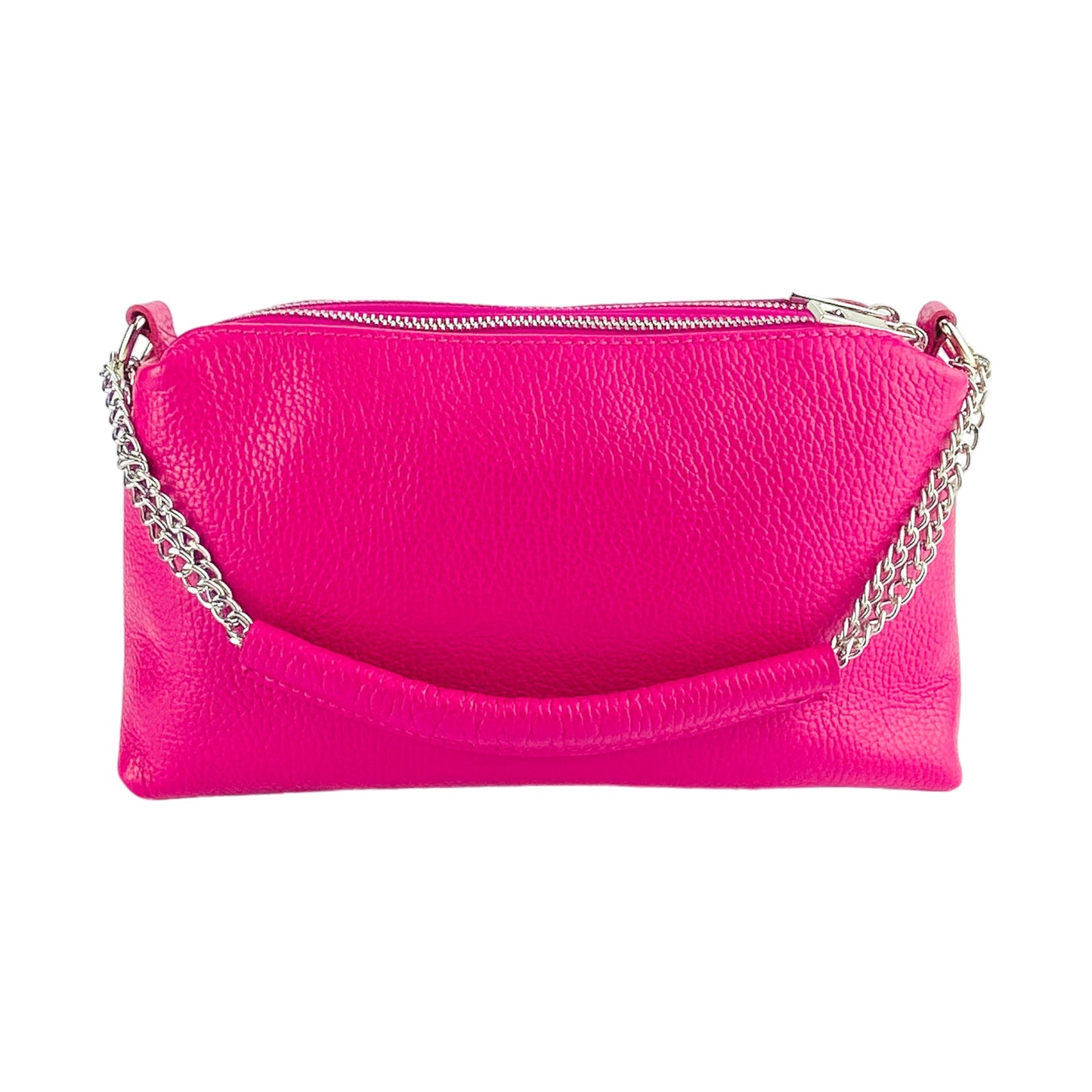 RB1025BE  | Borsa Donna a Mano con doppia lampo in Vera Pelle Made in Italy. Tracolla in pelle regolabile. Accessori Nickel Lucido - Colore Fuxia - Dimensioni: cm 26 x 14 x 9-4