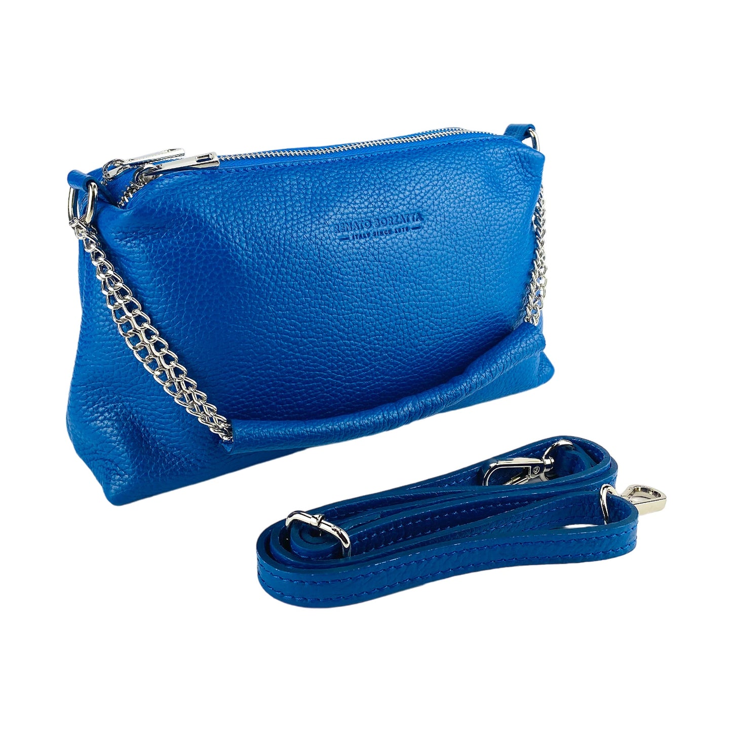 RB1025CH  | Borsa Donna a Mano con doppia lampo in Vera Pelle Made in Italy. Tracolla in pelle regolabile. Accessori Nickel Lucido - Colore Blu Royal - Dimensioni: cm 26 x 14 x 9-0