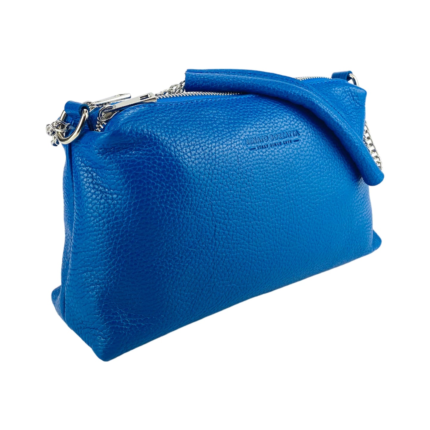 RB1025CH  | Borsa Donna a Mano con doppia lampo in Vera Pelle Made in Italy. Tracolla in pelle regolabile. Accessori Nickel Lucido - Colore Blu Royal - Dimensioni: cm 26 x 14 x 9-1