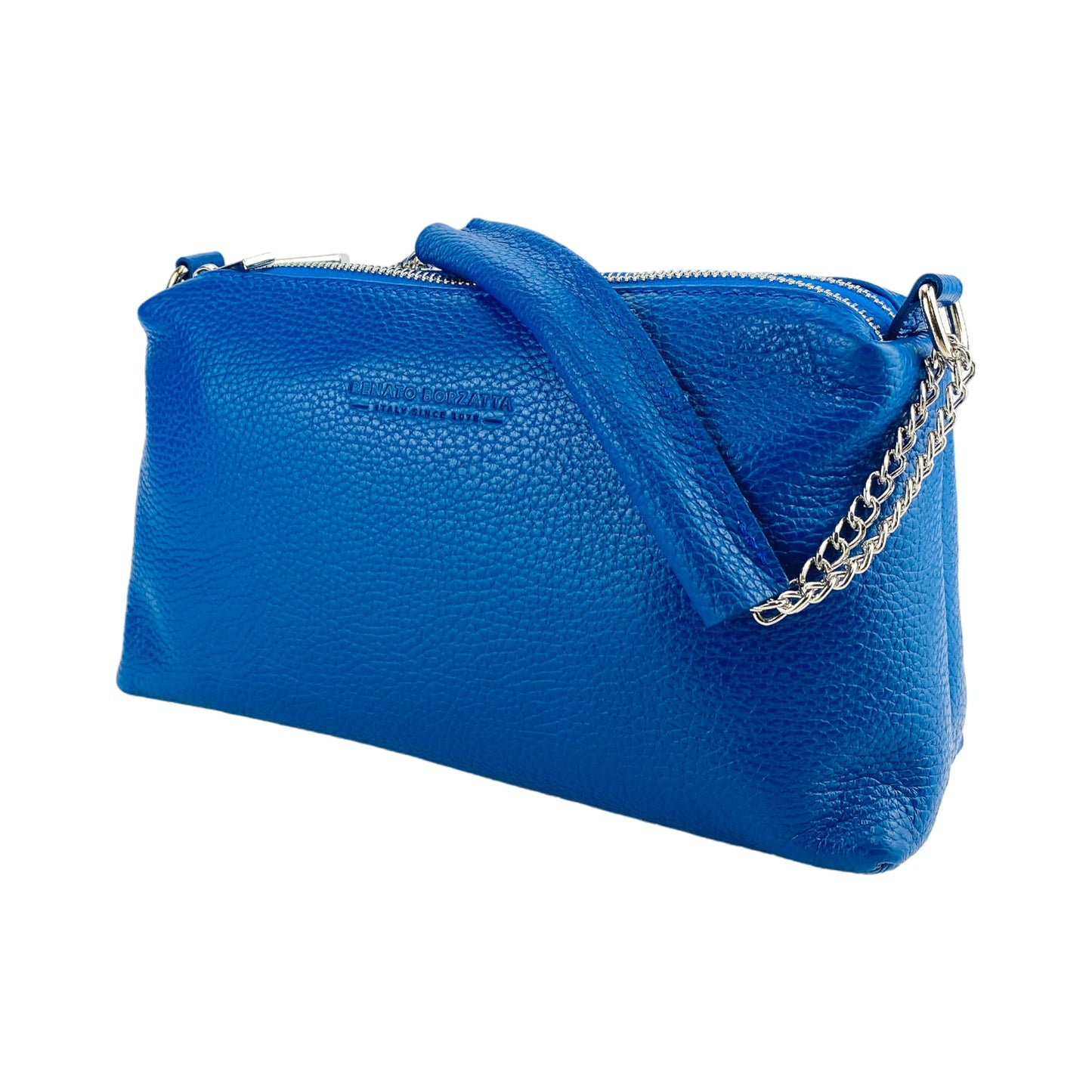 RB1025CH  | Borsa Donna a Mano con doppia lampo in Vera Pelle Made in Italy. Tracolla in pelle regolabile. Accessori Nickel Lucido - Colore Blu Royal - Dimensioni: cm 26 x 14 x 9-2