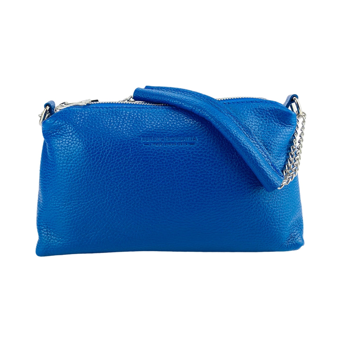 RB1025CH  | Borsa Donna a Mano con doppia lampo in Vera Pelle Made in Italy. Tracolla in pelle regolabile. Accessori Nickel Lucido - Colore Blu Royal - Dimensioni: cm 26 x 14 x 9-3