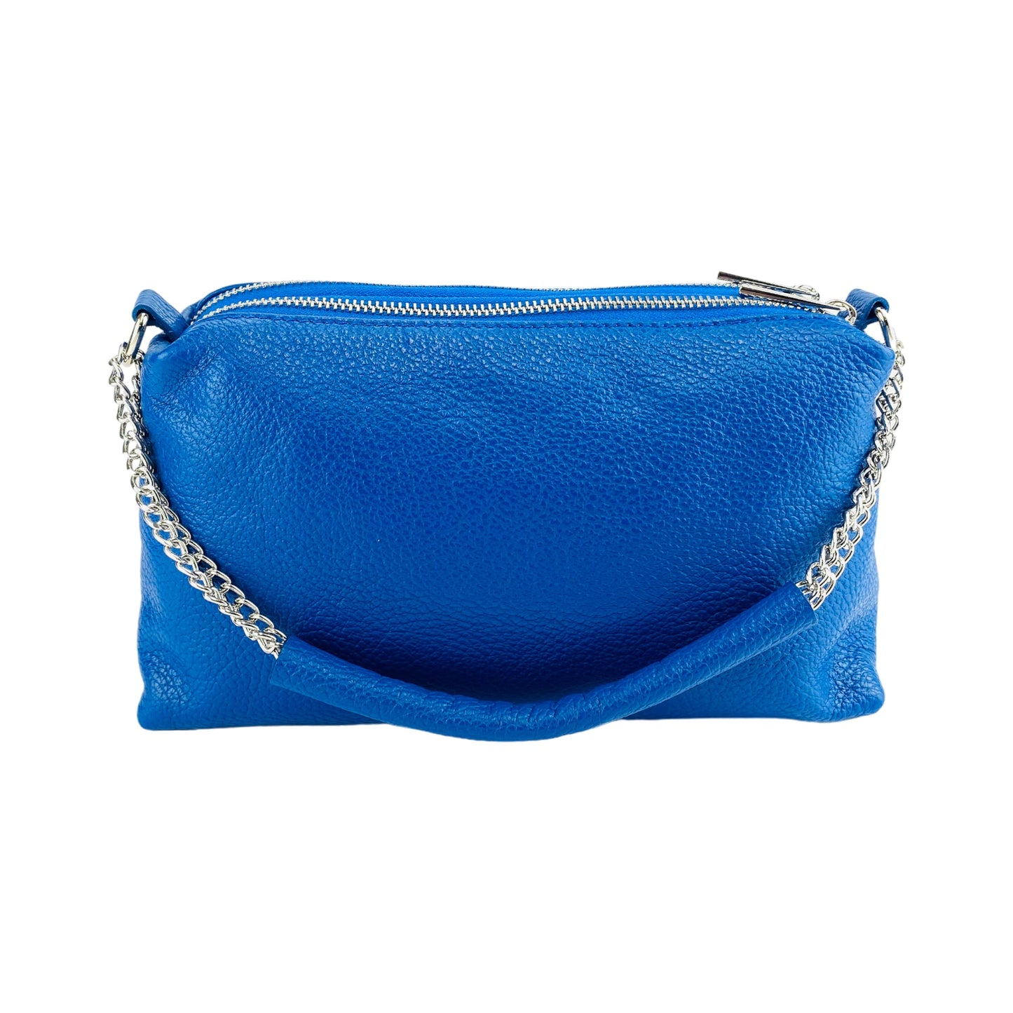 RB1025CH  | Borsa Donna a Mano con doppia lampo in Vera Pelle Made in Italy. Tracolla in pelle regolabile. Accessori Nickel Lucido - Colore Blu Royal - Dimensioni: cm 26 x 14 x 9-4