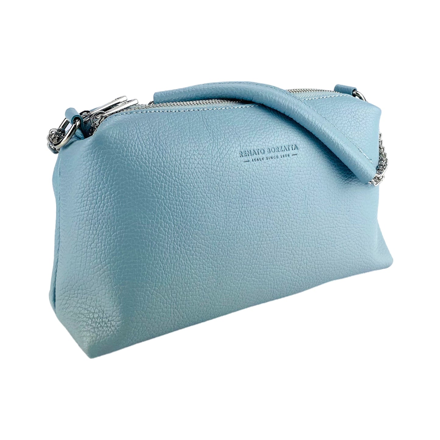 RB1025CL  | Borsa Donna a Mano con doppia lampo in Vera Pelle Made in Italy. Tracolla in pelle regolabile. Accessori Nickel Lucido - Colore Celeste - Dimensioni: cm 26 x 14 x 9-1