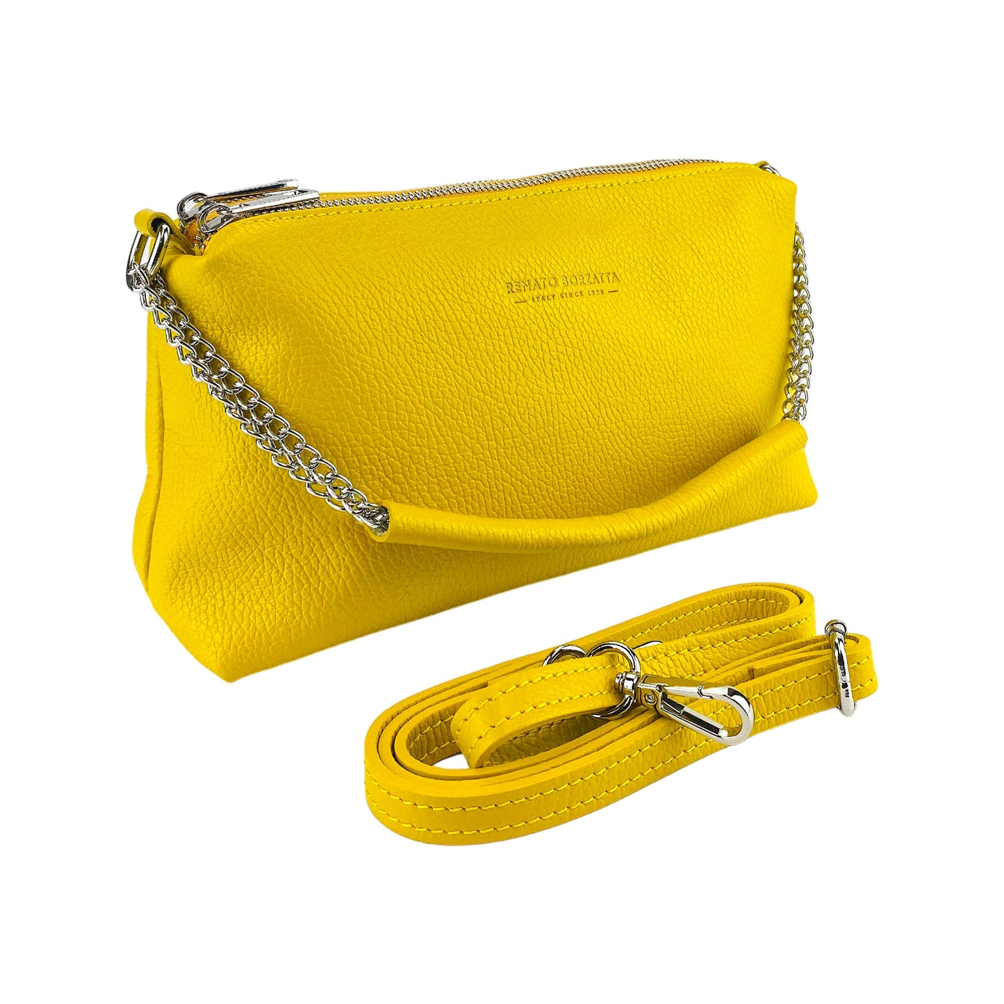 RB1025R  | Borsa Donna a Mano con doppia lampo in Vera Pelle Made in Italy. Tracolla in pelle regolabile. Accessori Nickel Lucido - Colore Giallo - Dimensioni: cm 26 x 14 x 9-0