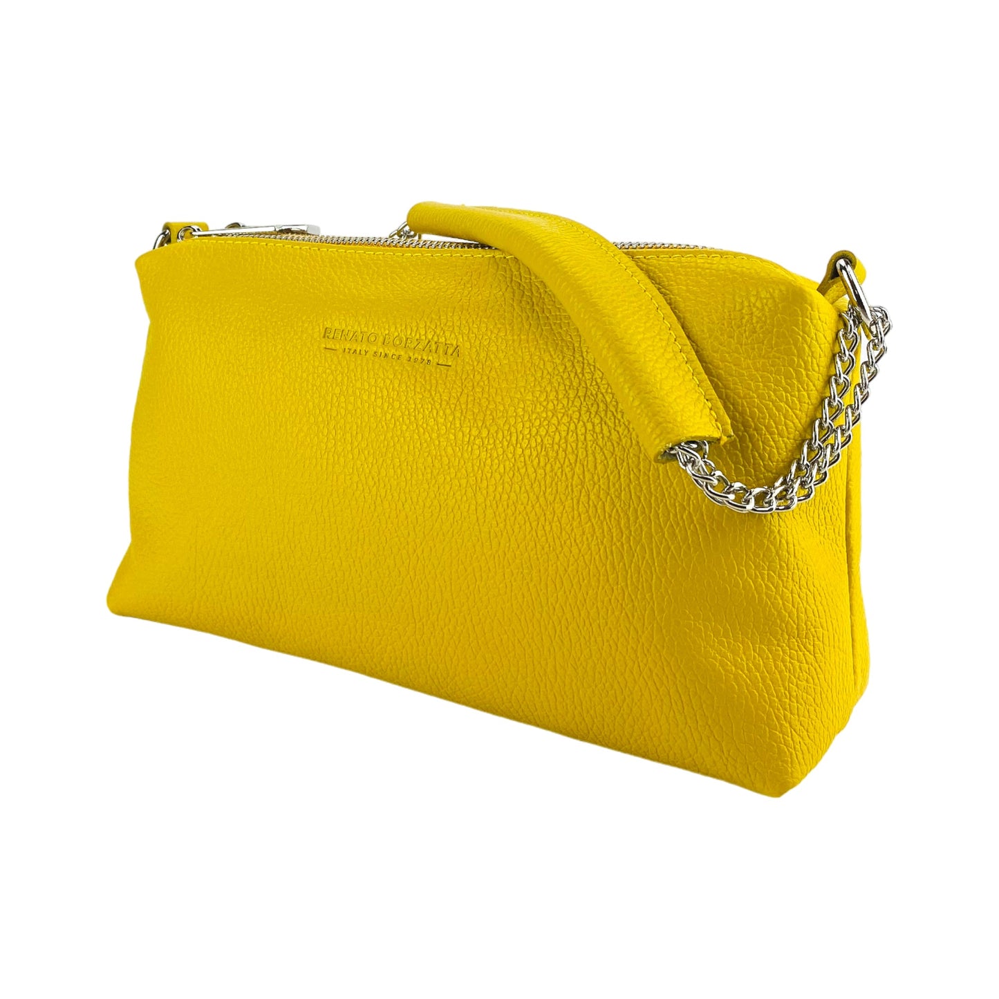 RB1025R  | Borsa Donna a Mano con doppia lampo in Vera Pelle Made in Italy. Tracolla in pelle regolabile. Accessori Nickel Lucido - Colore Giallo - Dimensioni: cm 26 x 14 x 9-2