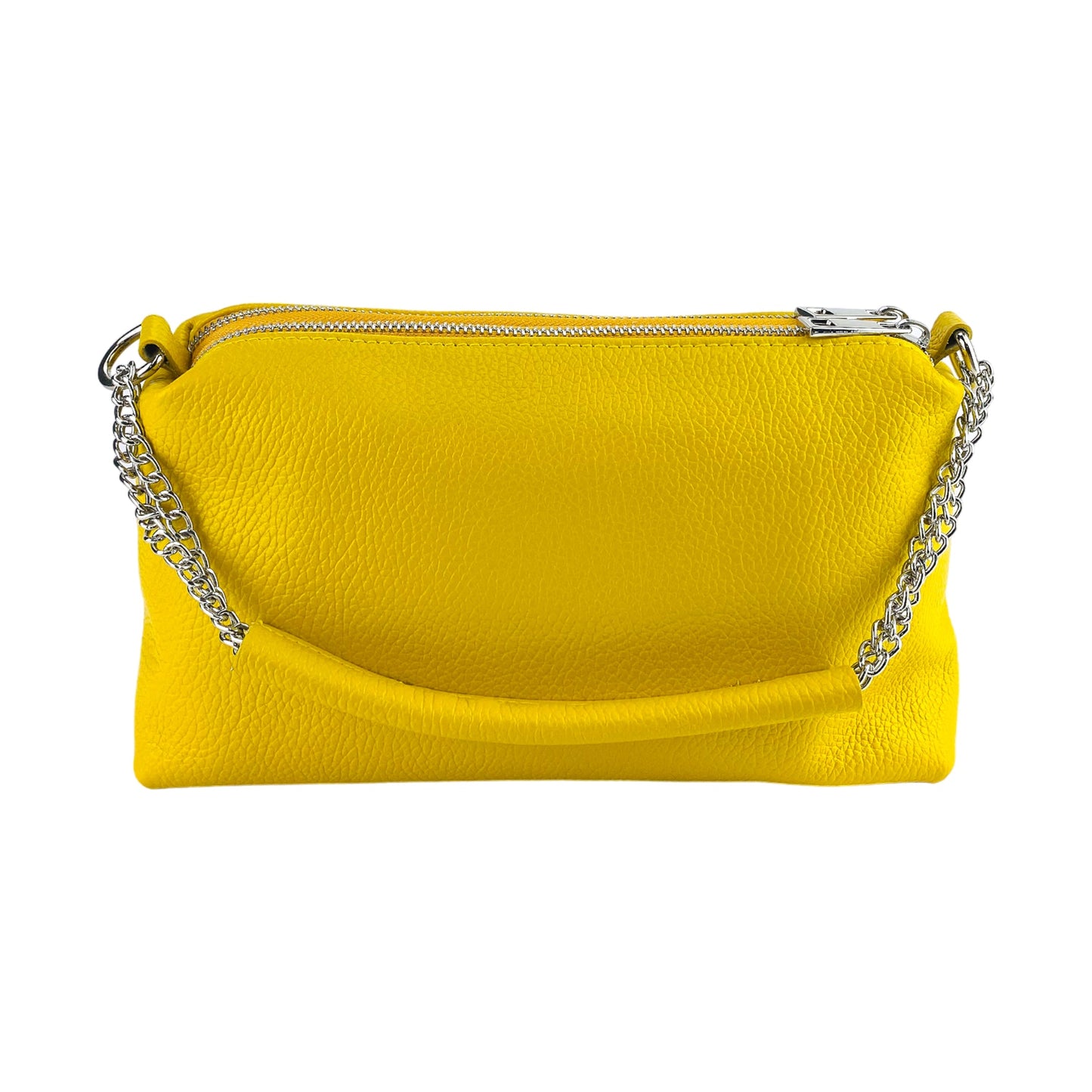 RB1025R  | Borsa Donna a Mano con doppia lampo in Vera Pelle Made in Italy. Tracolla in pelle regolabile. Accessori Nickel Lucido - Colore Giallo - Dimensioni: cm 26 x 14 x 9-4