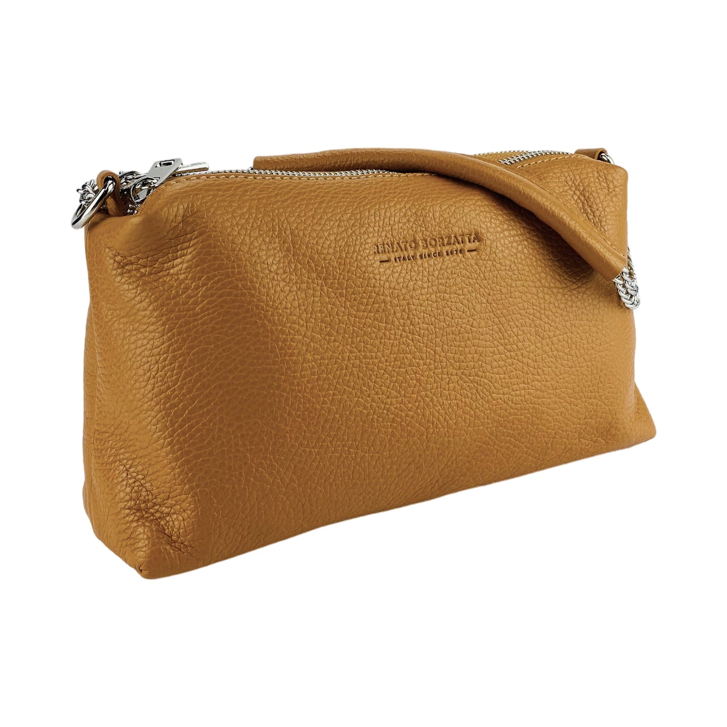 RB1025S  | Borsa Donna a Mano con doppia lampo in Vera Pelle Made in Italy. Tracolla in pelle regolabile. Accessori Nickel Lucido - Colore Cognac - Dimensioni: cm 26 x 14 x 9-1