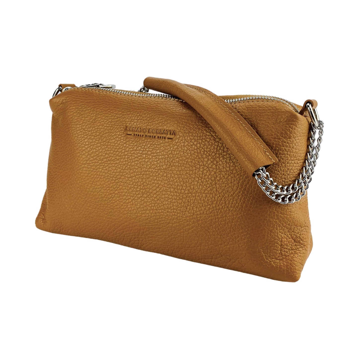 RB1025S  | Borsa Donna a Mano con doppia lampo in Vera Pelle Made in Italy. Tracolla in pelle regolabile. Accessori Nickel Lucido - Colore Cognac - Dimensioni: cm 26 x 14 x 9-2