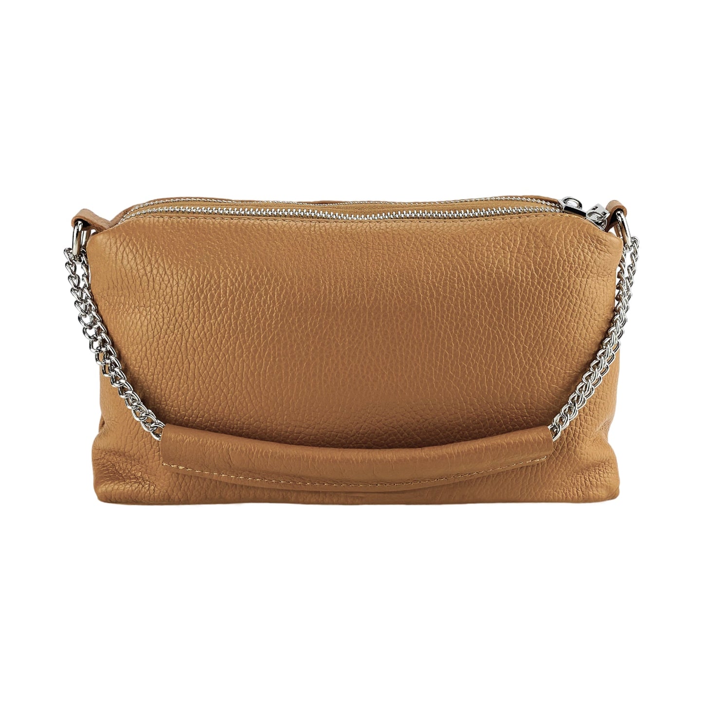 RB1025S  | Borsa Donna a Mano con doppia lampo in Vera Pelle Made in Italy. Tracolla in pelle regolabile. Accessori Nickel Lucido - Colore Cognac - Dimensioni: cm 26 x 14 x 9-4