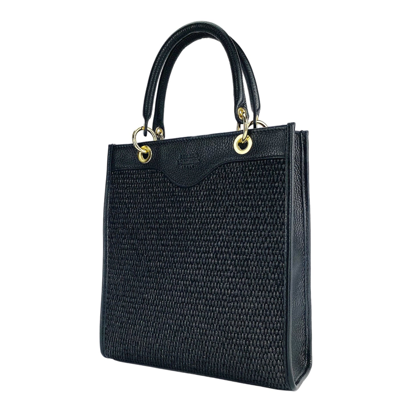 RB1026A  | Borsa Donna a mano verticale in Vera Pelle e Paglia Made in Italy. Tracolla removibile e regolabile in pelle. Accessori Oro Lucido - Colore Nero - Dimensioni: cm 24 x 29 x 9-0