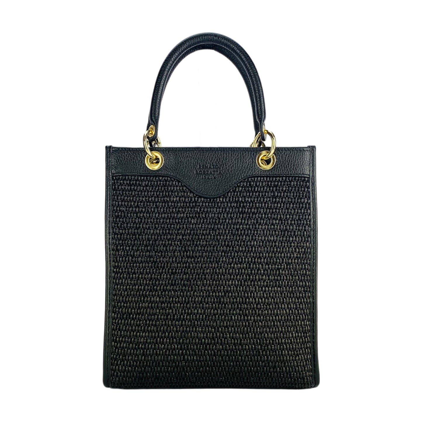 RB1026A  | Borsa Donna a mano verticale in Vera Pelle e Paglia Made in Italy. Tracolla removibile e regolabile in pelle. Accessori Oro Lucido - Colore Nero - Dimensioni: cm 24 x 29 x 9-1