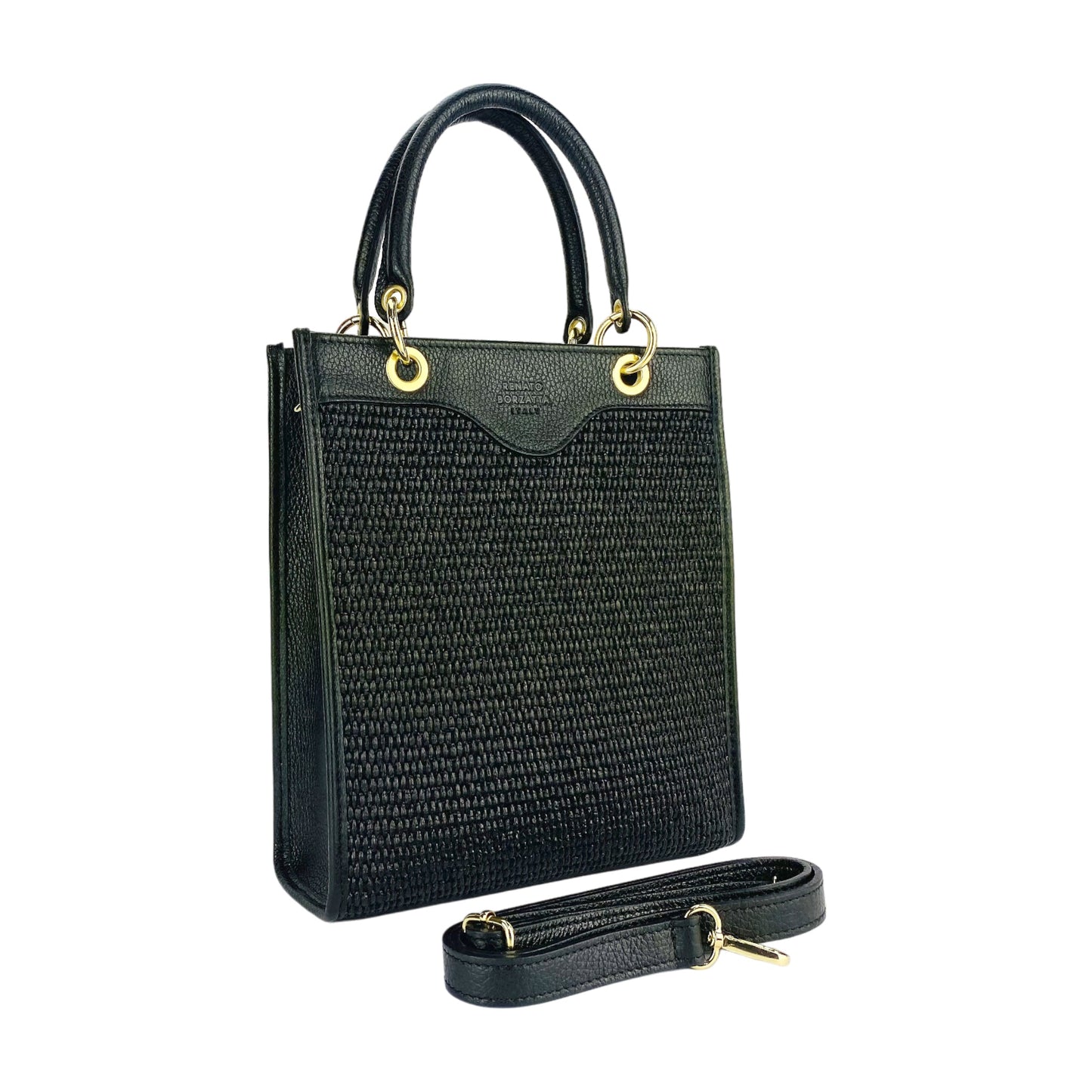 RB1026A  | Borsa Donna a mano verticale in Vera Pelle e Paglia Made in Italy. Tracolla removibile e regolabile in pelle. Accessori Oro Lucido - Colore Nero - Dimensioni: cm 24 x 29 x 9-2