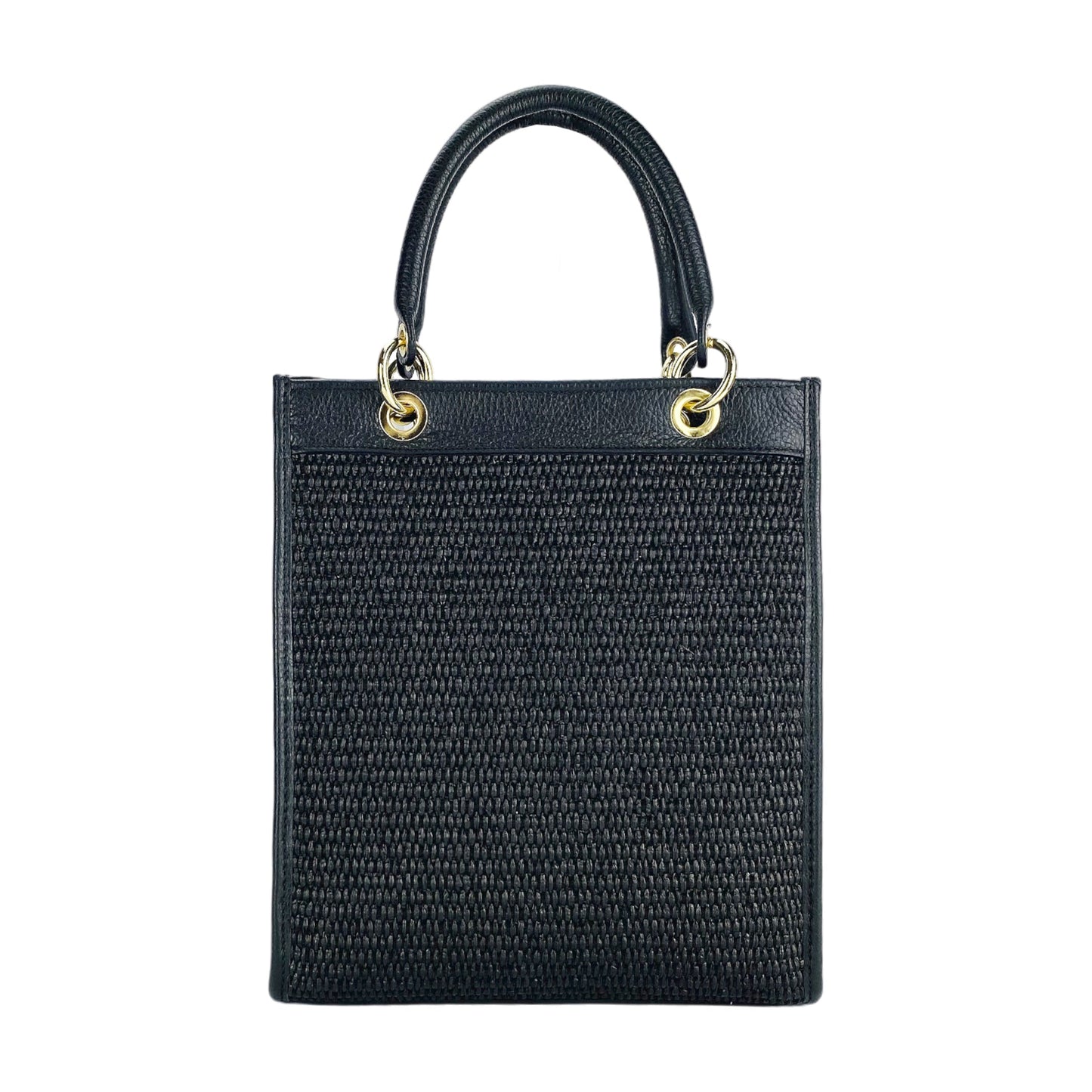 RB1026A  | Borsa Donna a mano verticale in Vera Pelle e Paglia Made in Italy. Tracolla removibile e regolabile in pelle. Accessori Oro Lucido - Colore Nero - Dimensioni: cm 24 x 29 x 9-4